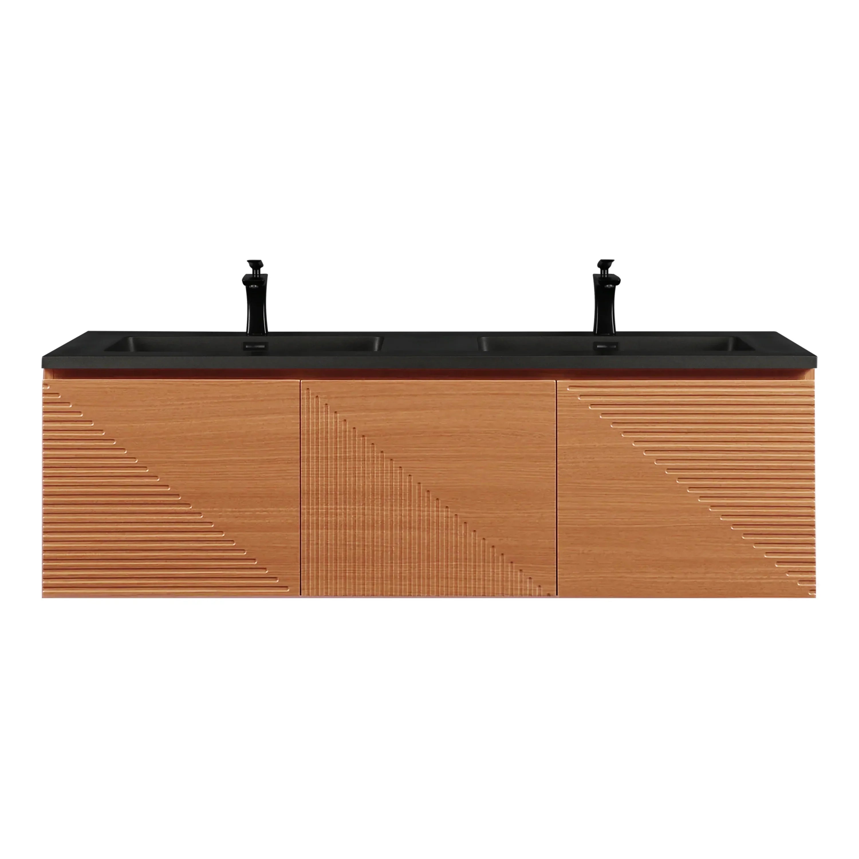 60" Light Oak Wall-Mounted Double Sink Bathroom Vanity with Black Engineered Quartz Countertop-Migration_Bathroom Vanities-DECOROLALA