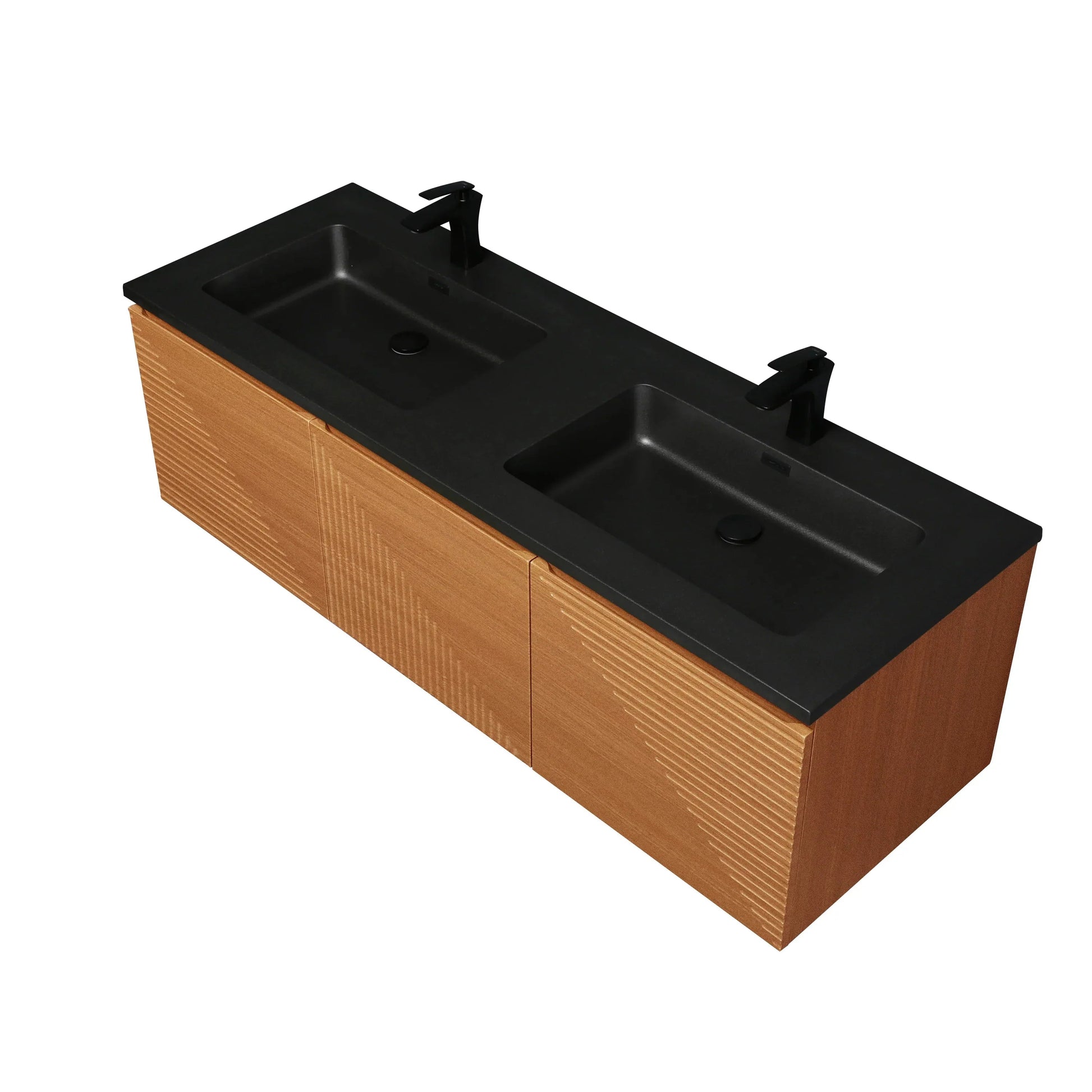 60" Light Oak Wall-Mounted Double Sink Bathroom Vanity with Black Engineered Quartz Countertop-Migration_Bathroom Vanities-DECOROLALA