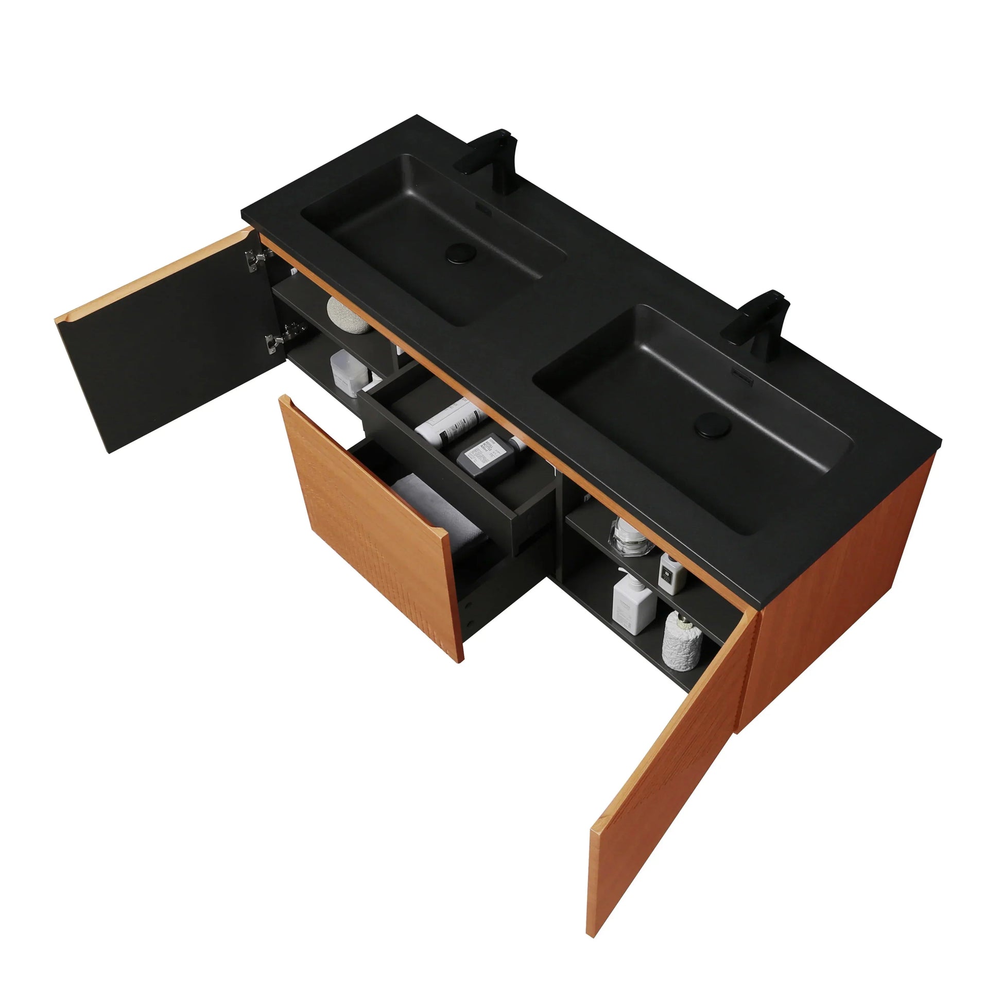 60" Light Oak Wall-Mounted Double Sink Bathroom Vanity with Black Engineered Quartz Countertop-Migration_Bathroom Vanities-DECOROLALA