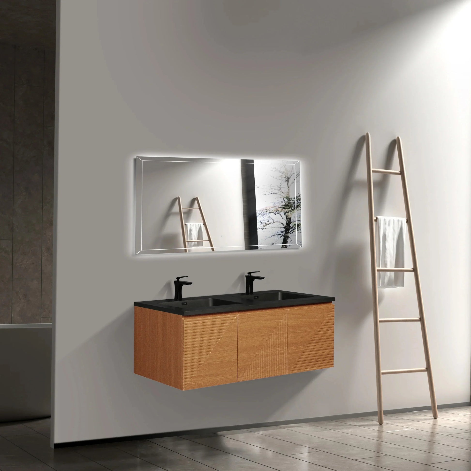 60" Light Oak Wall-Mounted Double Sink Bathroom Vanity with Black Engineered Quartz Countertop-Migration_Bathroom Vanities-DECOROLALA