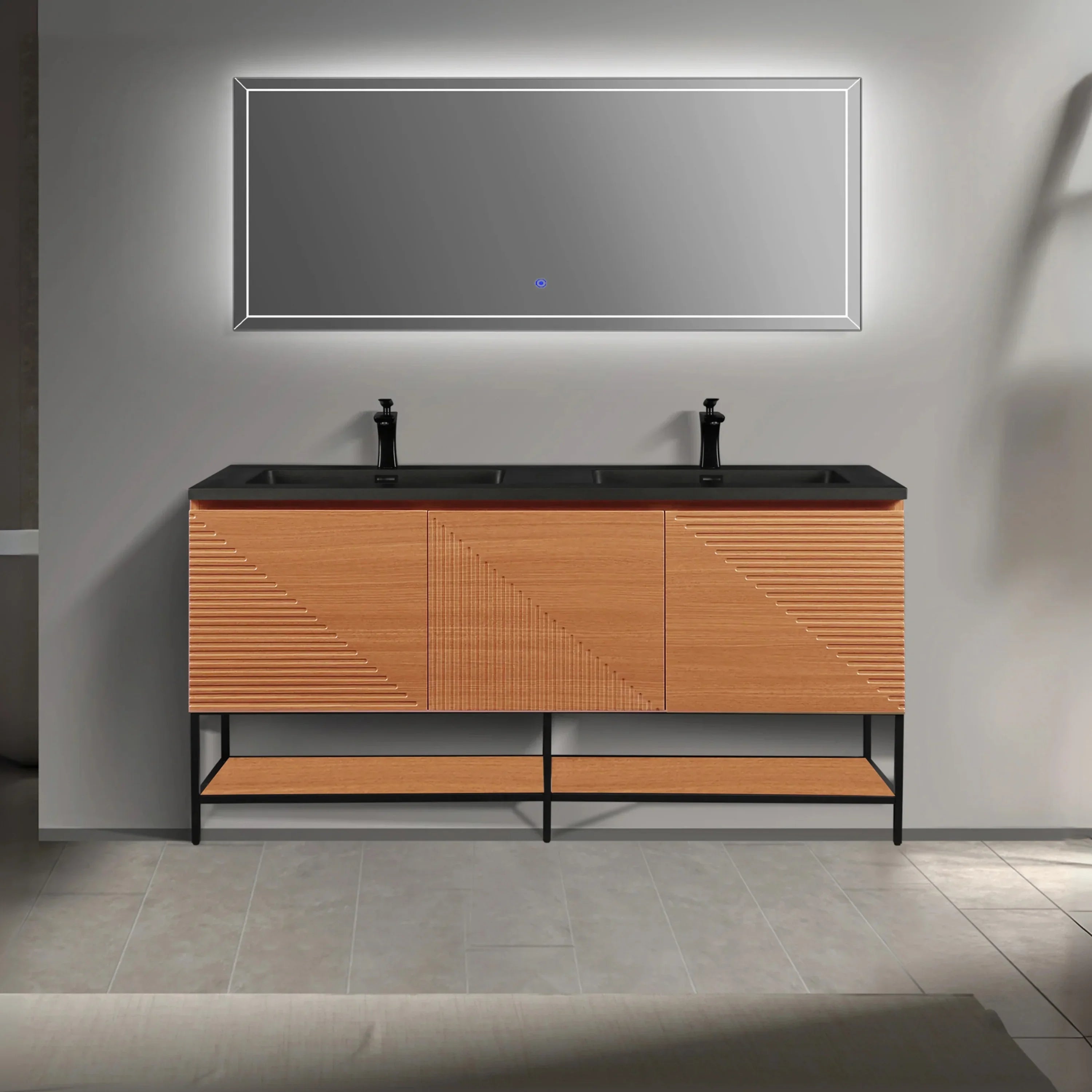 60" Light Oak Wall-Mounted Double Sink Bathroom Vanity with Black Engineered Quartz Countertop-Migration_Bathroom Vanities-DECOROLALA