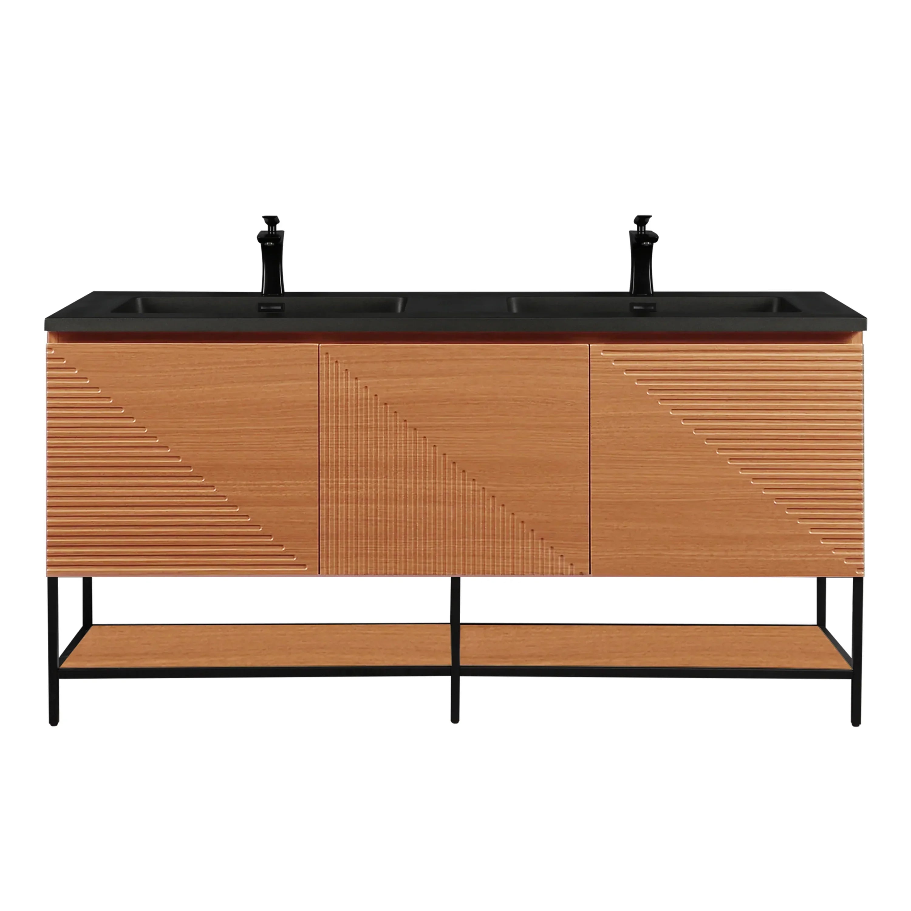 60" Light Oak Wall-Mounted Double Sink Bathroom Vanity with Black Engineered Quartz Countertop-Migration_Bathroom Vanities-DECOROLALA