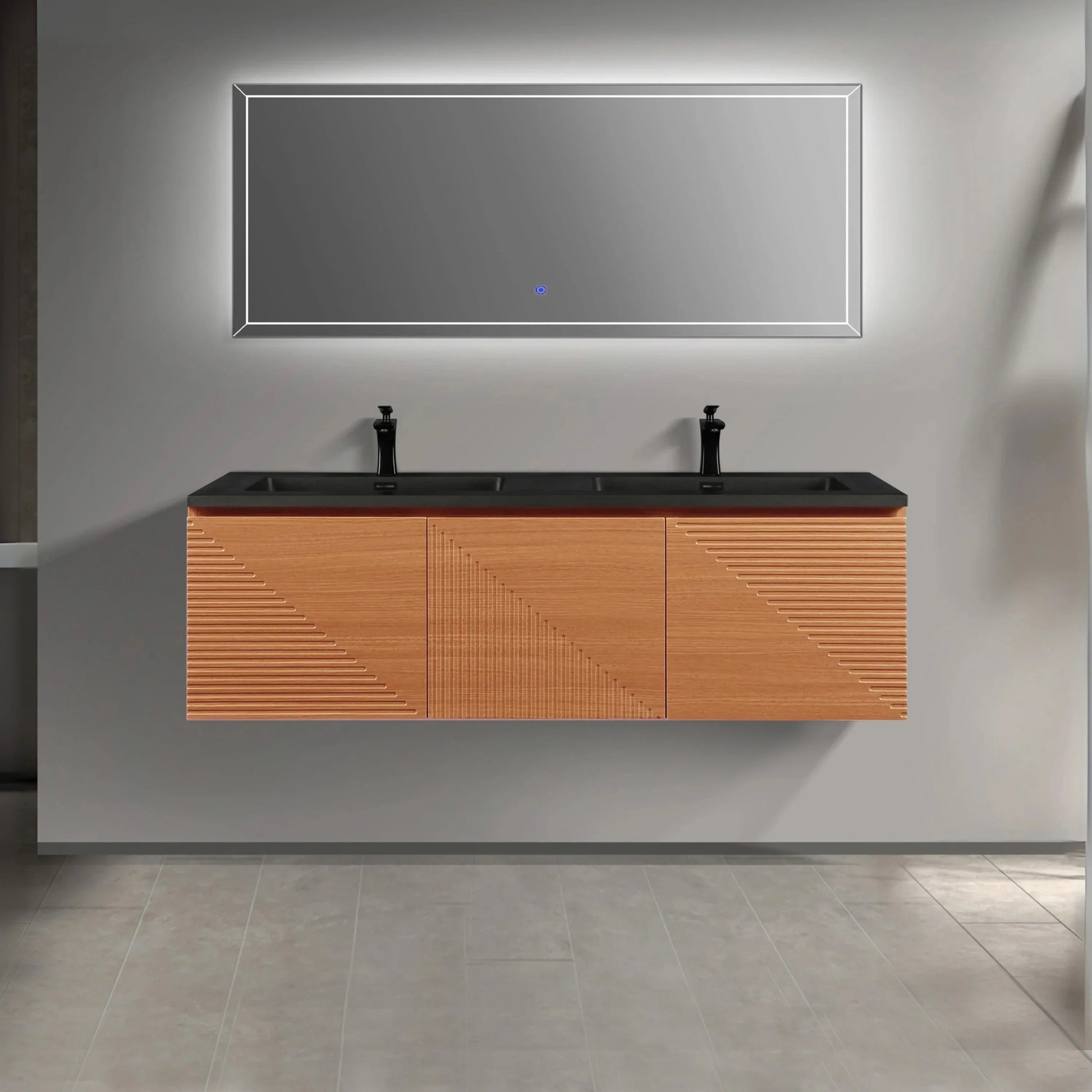 60" Light Oak Wall-Mounted Double Sink Bathroom Vanity with Black Engineered Quartz Countertop-Migration_Bathroom Vanities-DECOROLALA