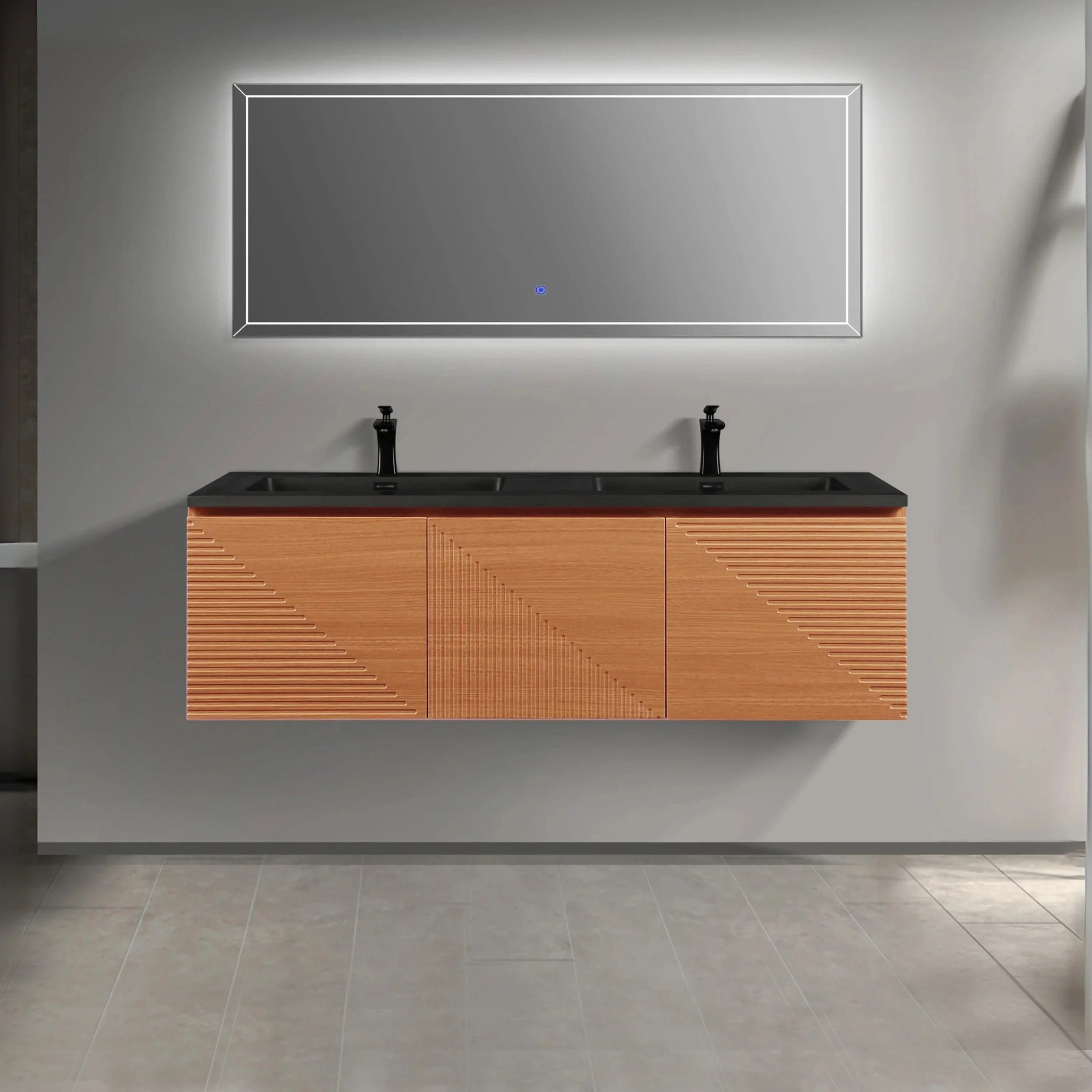 60" Light Oak Wall-Mounted Double Sink Bathroom Vanity with Black Engineered Quartz Countertop-Migration_Bathroom Vanities-DECOROLALA