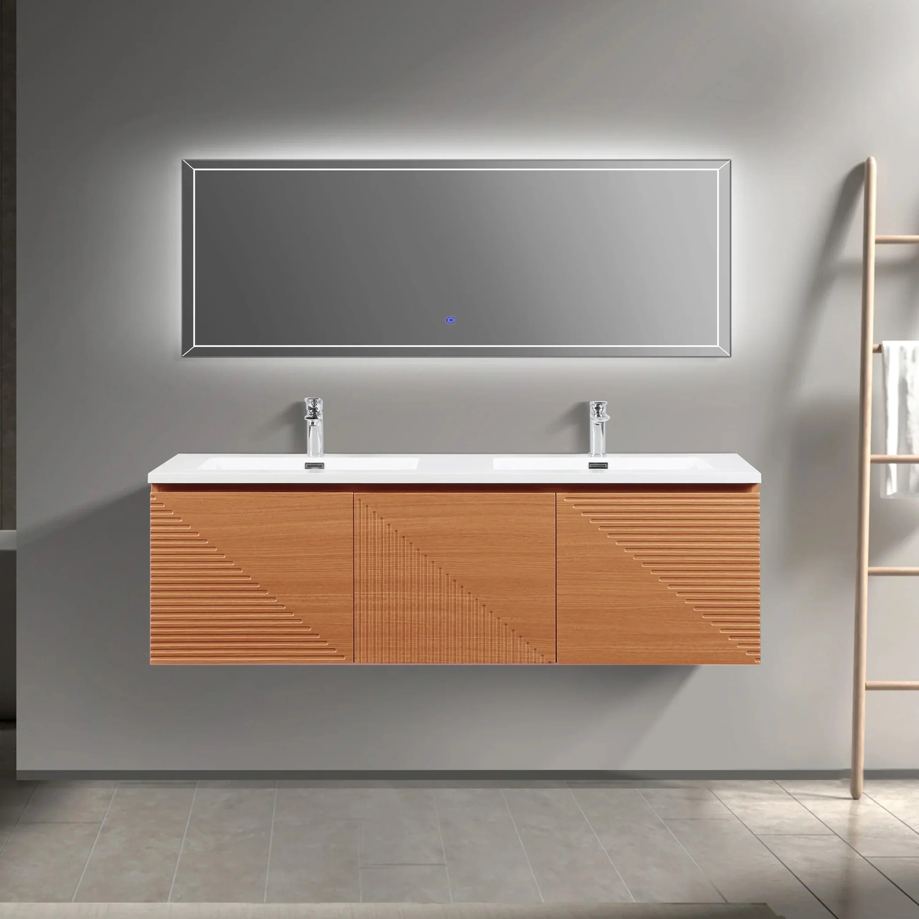 60" Light Oak Wall-Mounted Double Sink Bathroom Vanity with White Polymarble Countertop-Migration_Bathroom Vanities-DECOROLALA