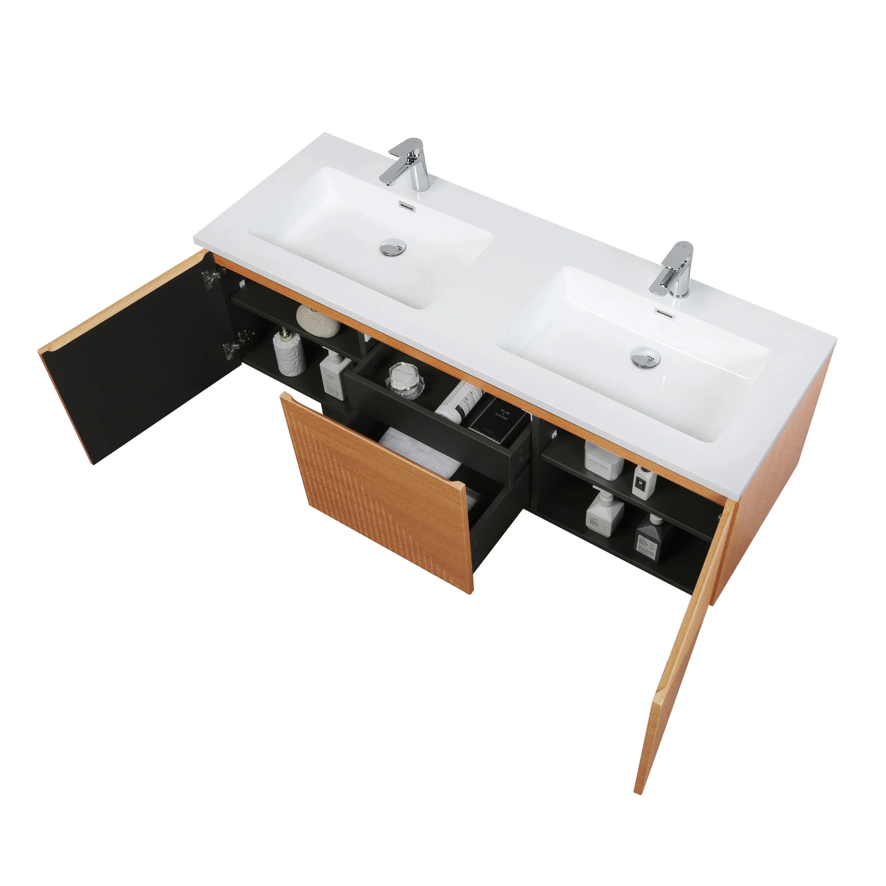 60" Light Oak Wall-Mounted Double Sink Bathroom Vanity with White Polymarble Countertop-Migration_Bathroom Vanities-DECOROLALA