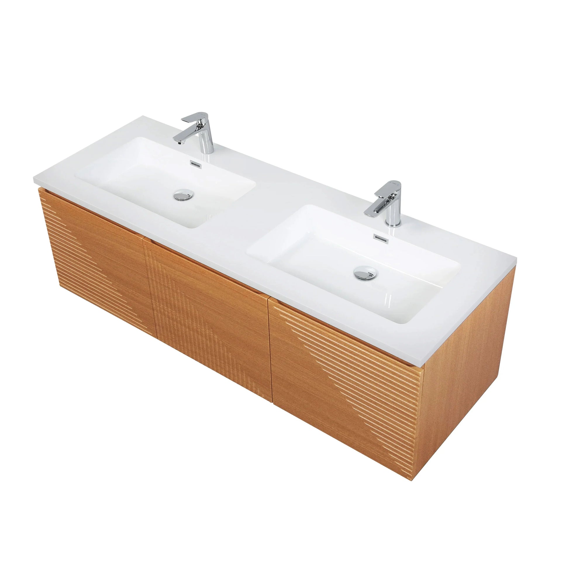 60" Light Oak Wall-Mounted Double Sink Bathroom Vanity with White Polymarble Countertop-Migration_Bathroom Vanities-DECOROLALA