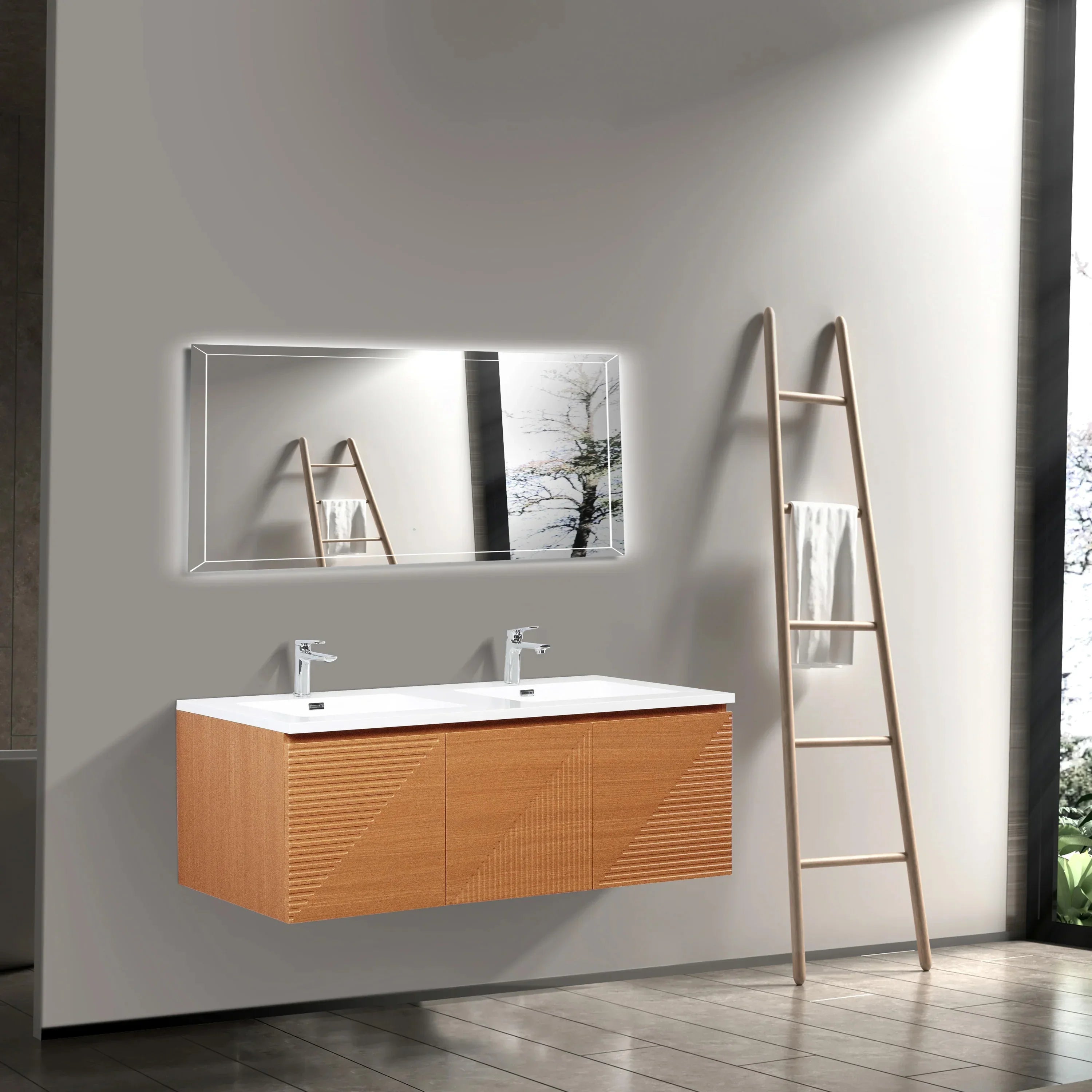 60" Light Oak Wall-Mounted Double Sink Bathroom Vanity with White Polymarble Countertop-Migration_Bathroom Vanities-DECOROLALA