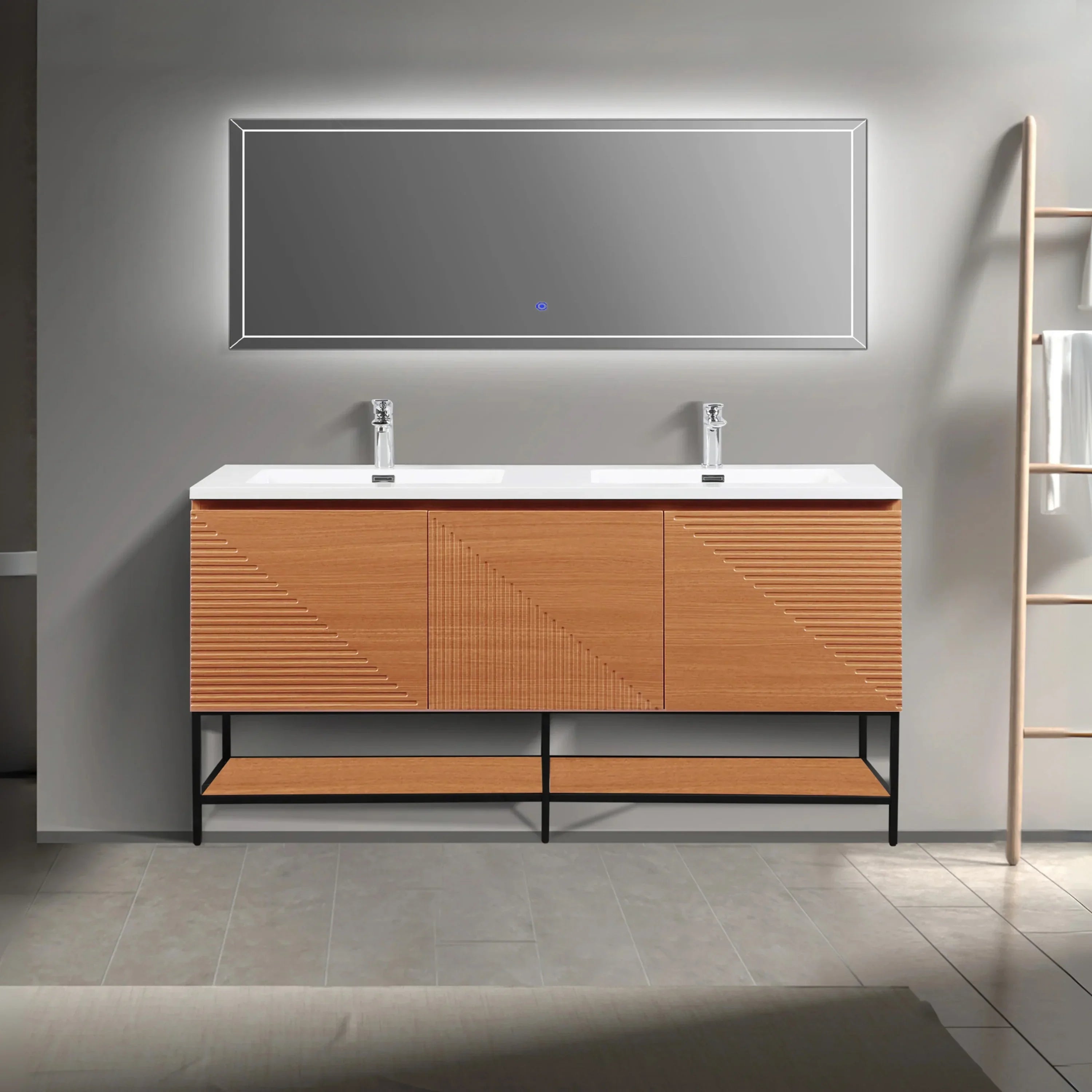 60" Light Oak Wall-Mounted Double Sink Bathroom Vanity with White Polymarble Countertop-Migration_Bathroom Vanities-DECOROLALA