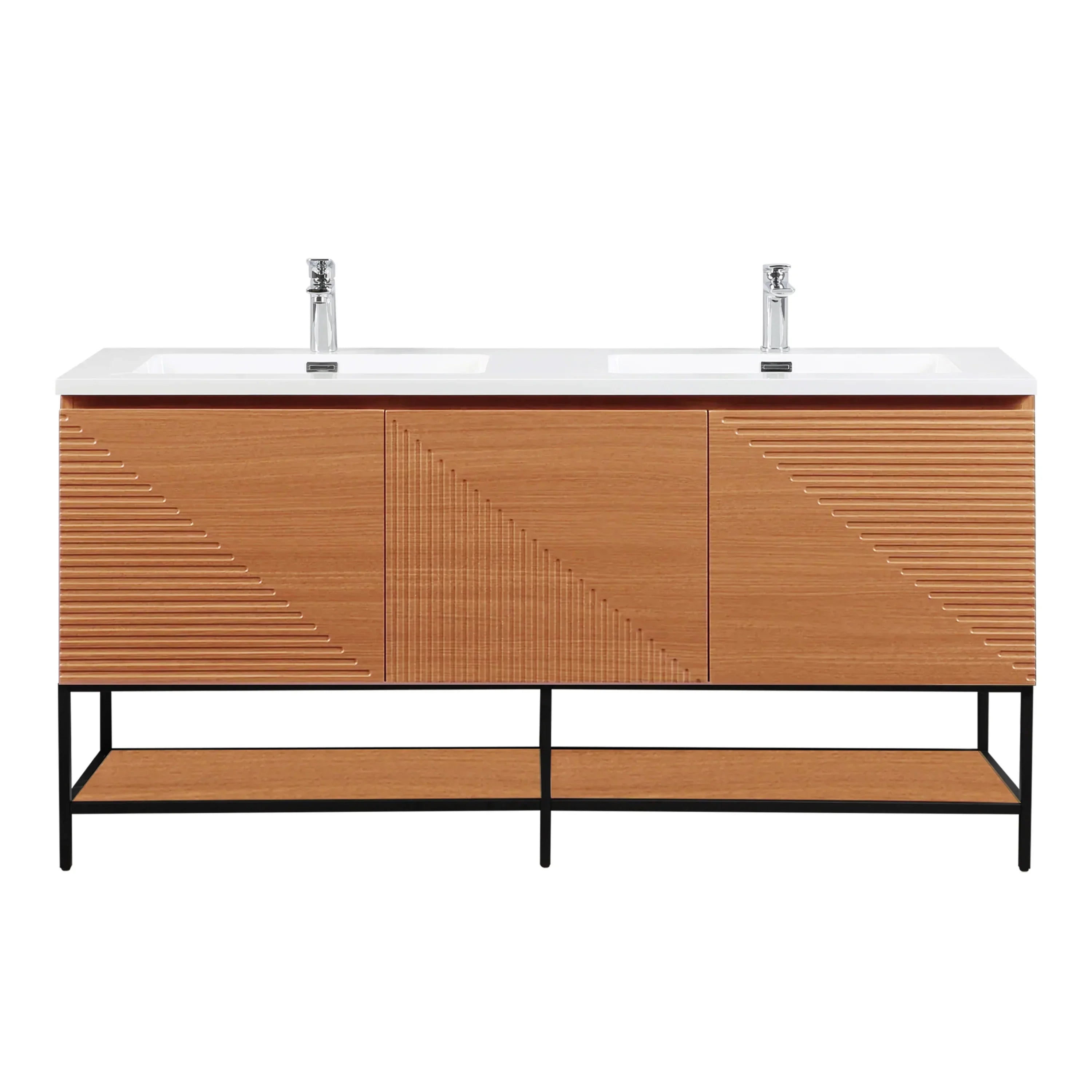 60" Light Oak Wall-Mounted Double Sink Bathroom Vanity with White Polymarble Countertop-Migration_Bathroom Vanities-DECOROLALA