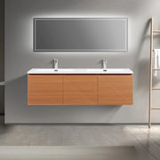 60" Light Oak Wall-Mounted Double Sink Bathroom Vanity with White Polymarble Countertop-Migration_Bathroom Vanities-DECOROLALA