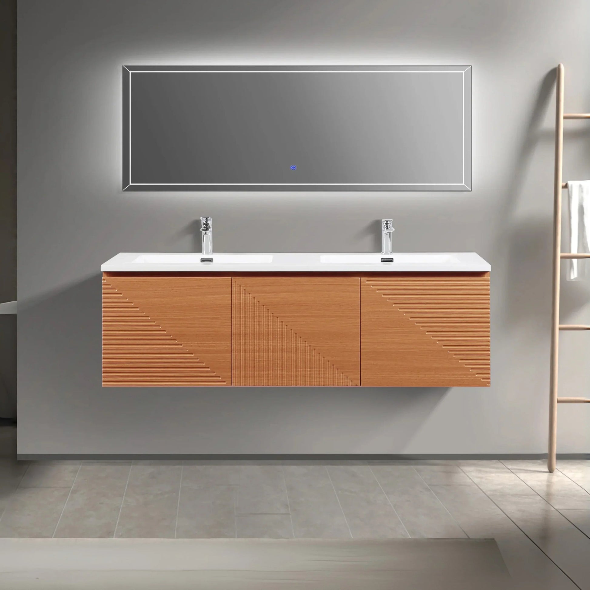 60" Light Oak Wall-Mounted Double Sink Bathroom Vanity with White Polymarble Countertop-Migration_Bathroom Vanities-DECOROLALA