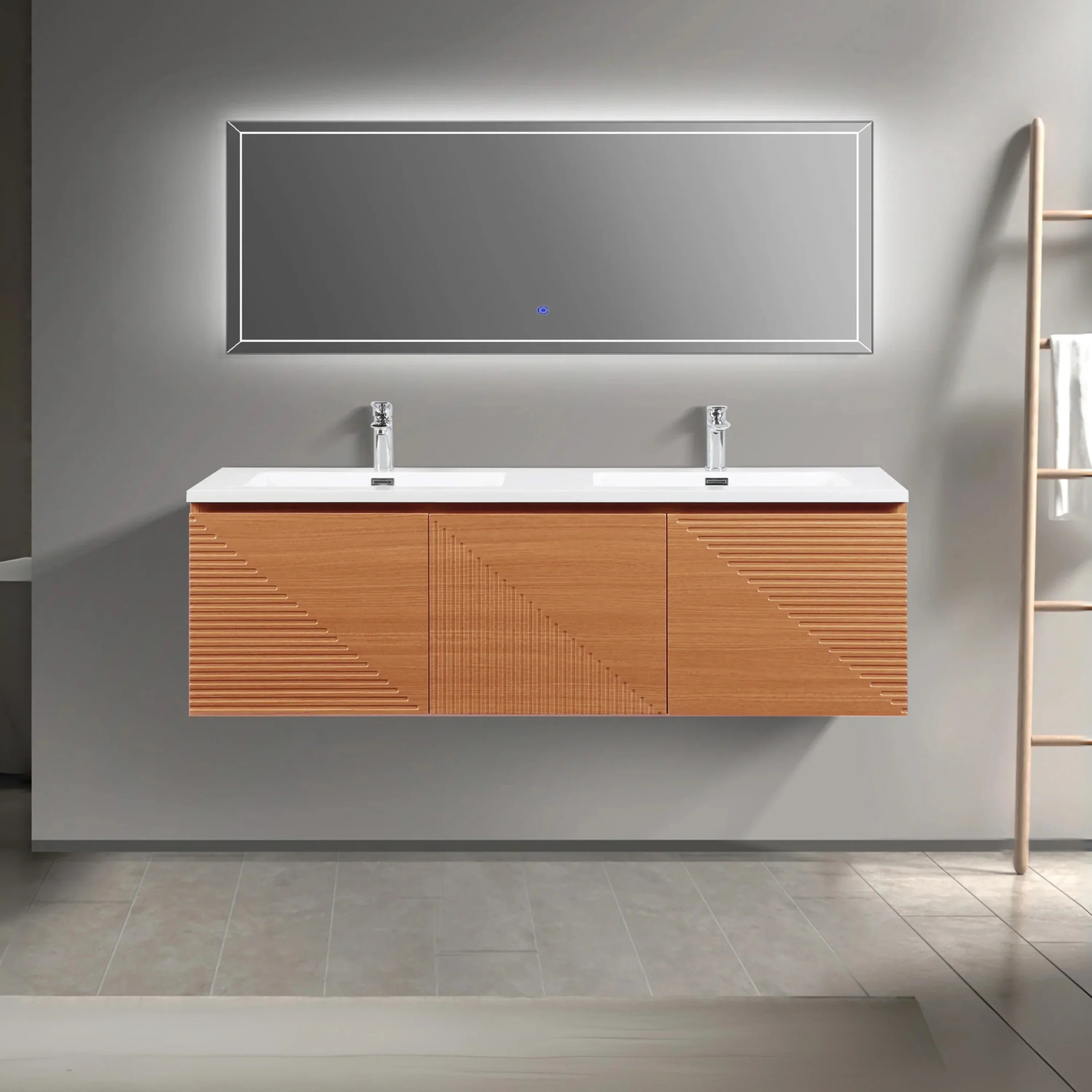 60" Light Oak Wall-Mounted Double Sink Bathroom Vanity with White Polymarble Countertop-Migration_Bathroom Vanities-DECOROLALA