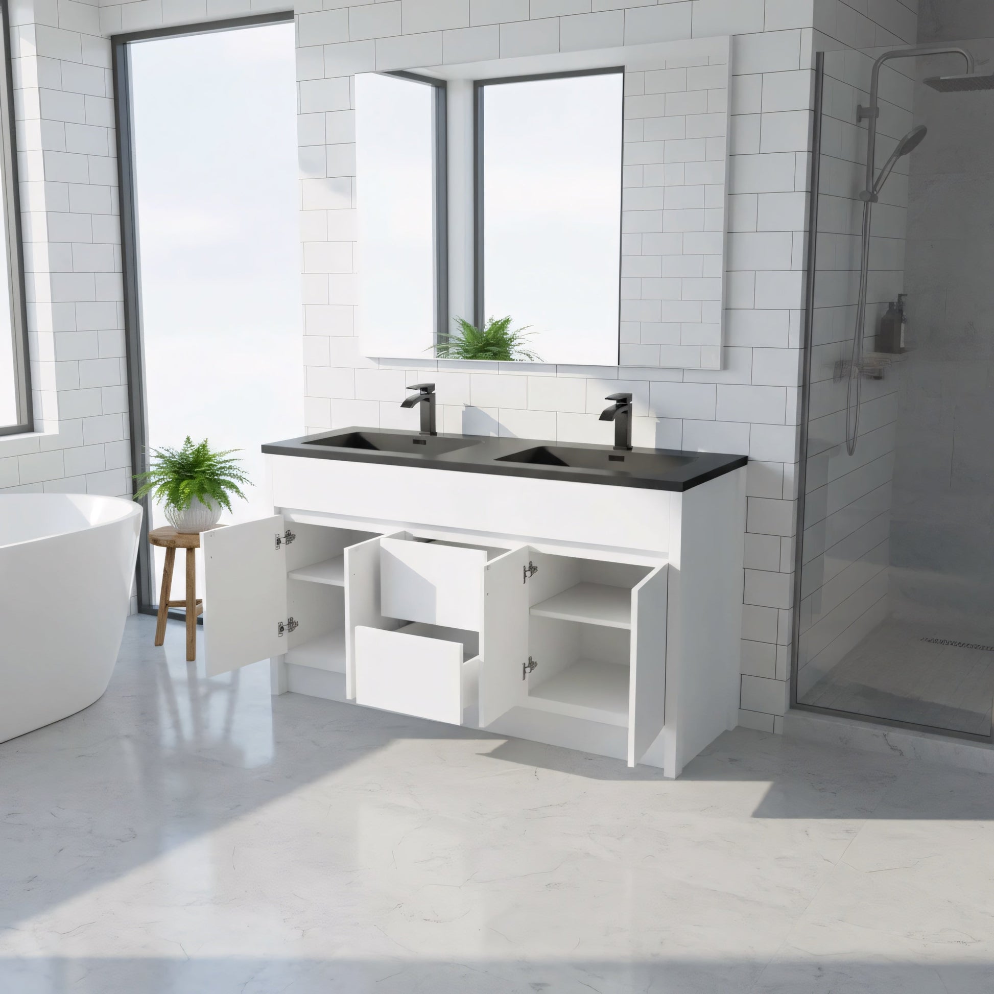 60" Matte White Freestanding Double Sink Bathroom Vanity with Black Engineered Quartz Countertop-Migration_Bathroom Vanities-DECOROLALA