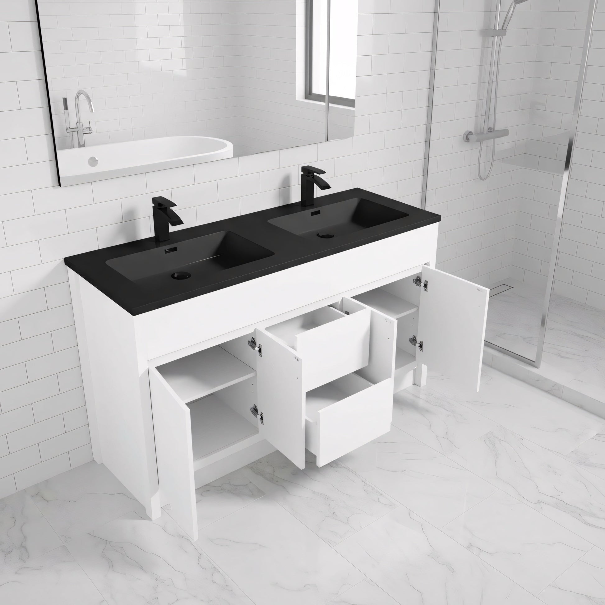 60" Matte White Freestanding Double Sink Bathroom Vanity with Black Engineered Quartz Countertop-Migration_Bathroom Vanities-DECOROLALA