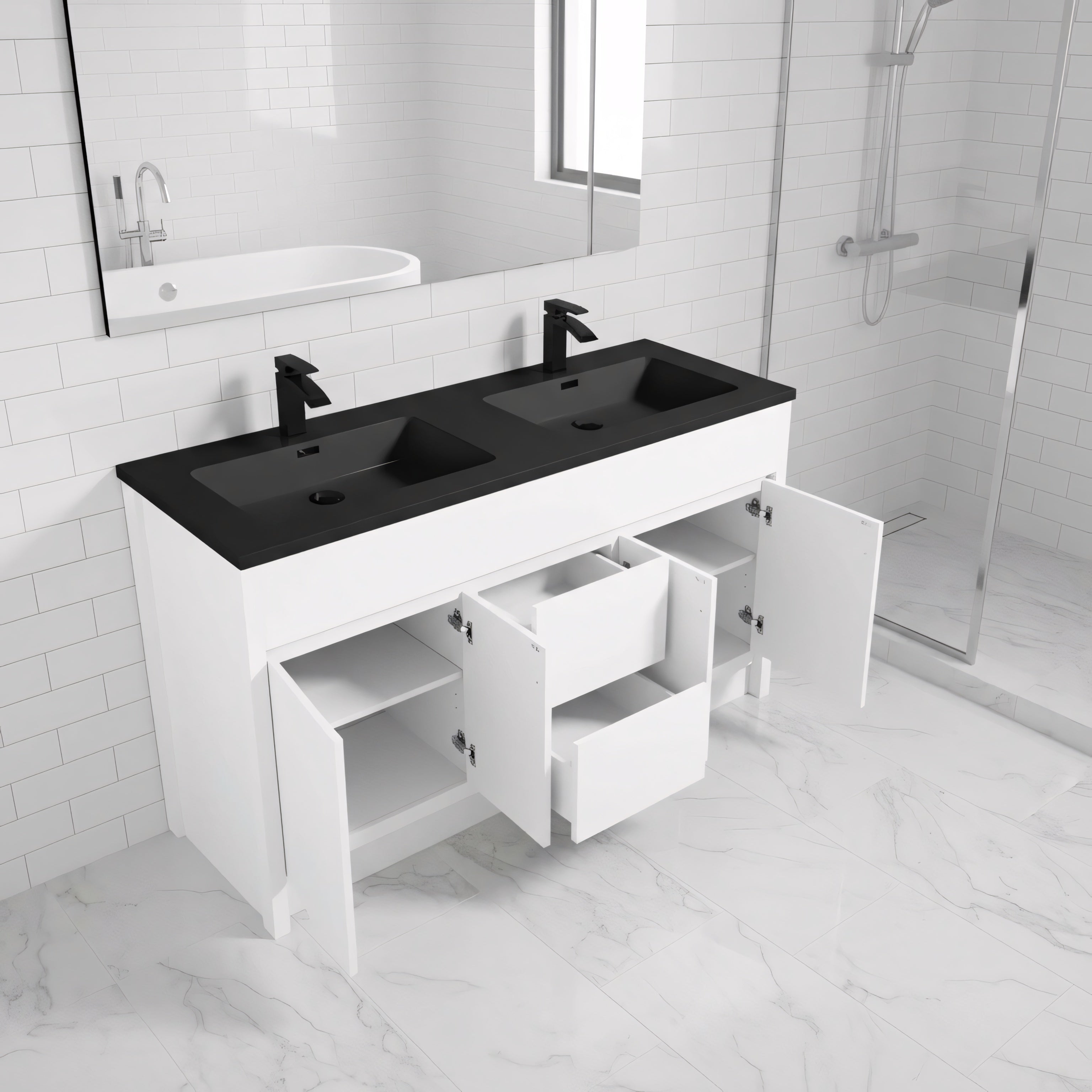 60" Matte White Freestanding Double Sink Bathroom Vanity with Black Engineered Quartz Countertop-Migration_Bathroom Vanities-DECOROLALA