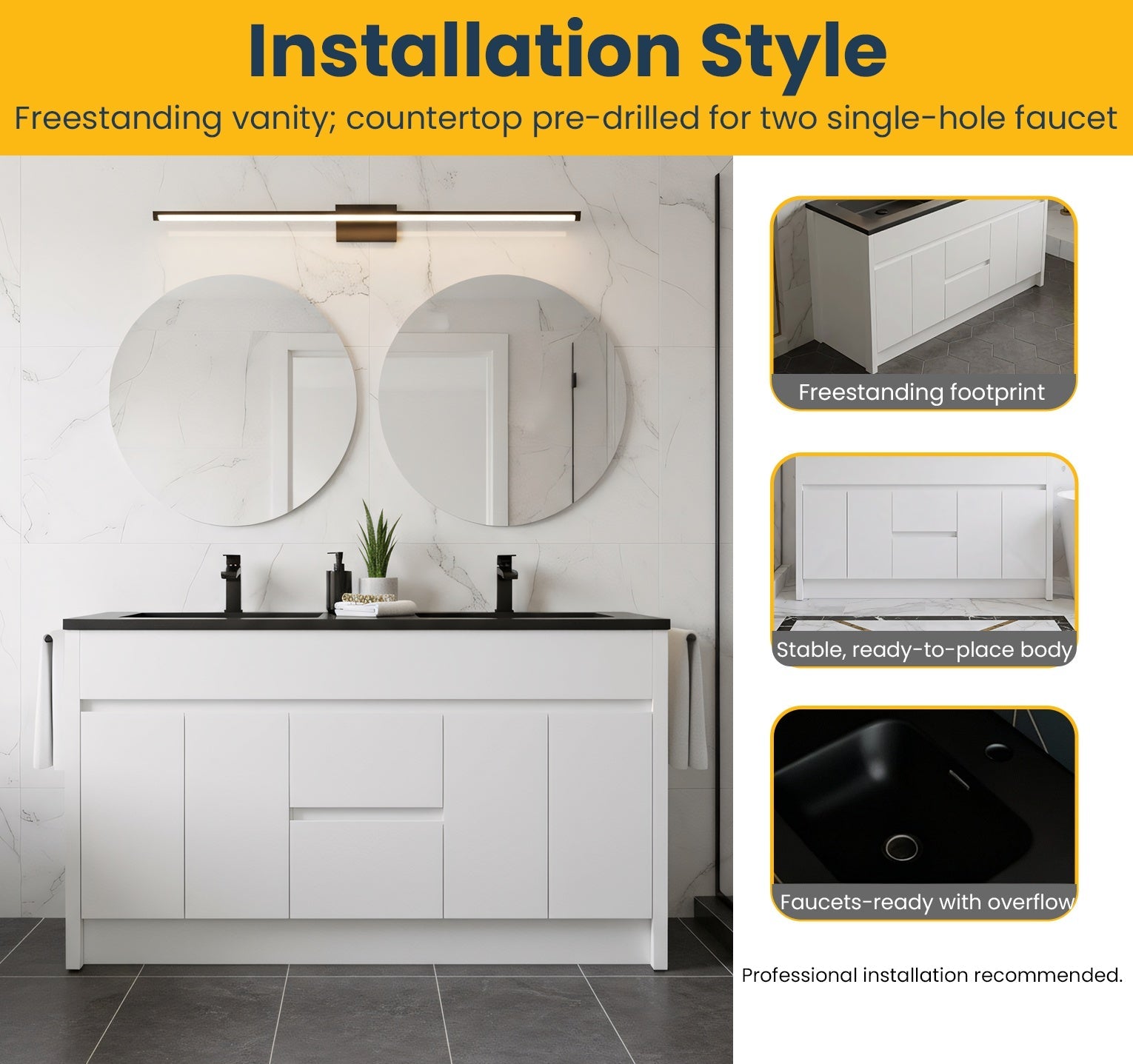 60" Matte White Freestanding Double Sink Bathroom Vanity with Black Engineered Quartz Countertop-Migration_Bathroom Vanities-DECOROLALA