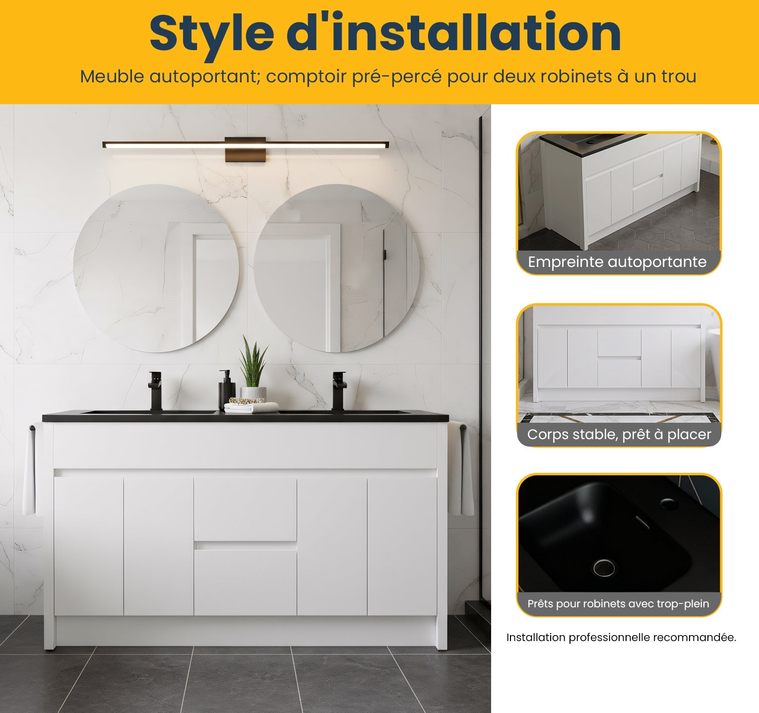 60" Matte White Freestanding Double Sink Bathroom Vanity with Black Engineered Quartz Countertop-Migration_Bathroom Vanities-DECOROLALA