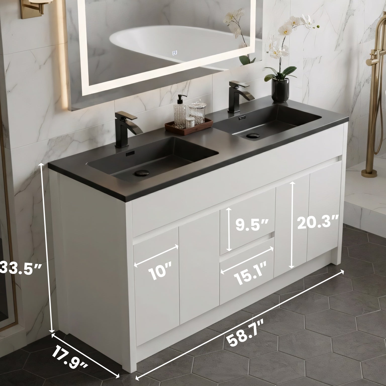 60" Matte White Freestanding Double Sink Bathroom Vanity with Black Engineered Quartz Countertop-Migration_Bathroom Vanities-DECOROLALA