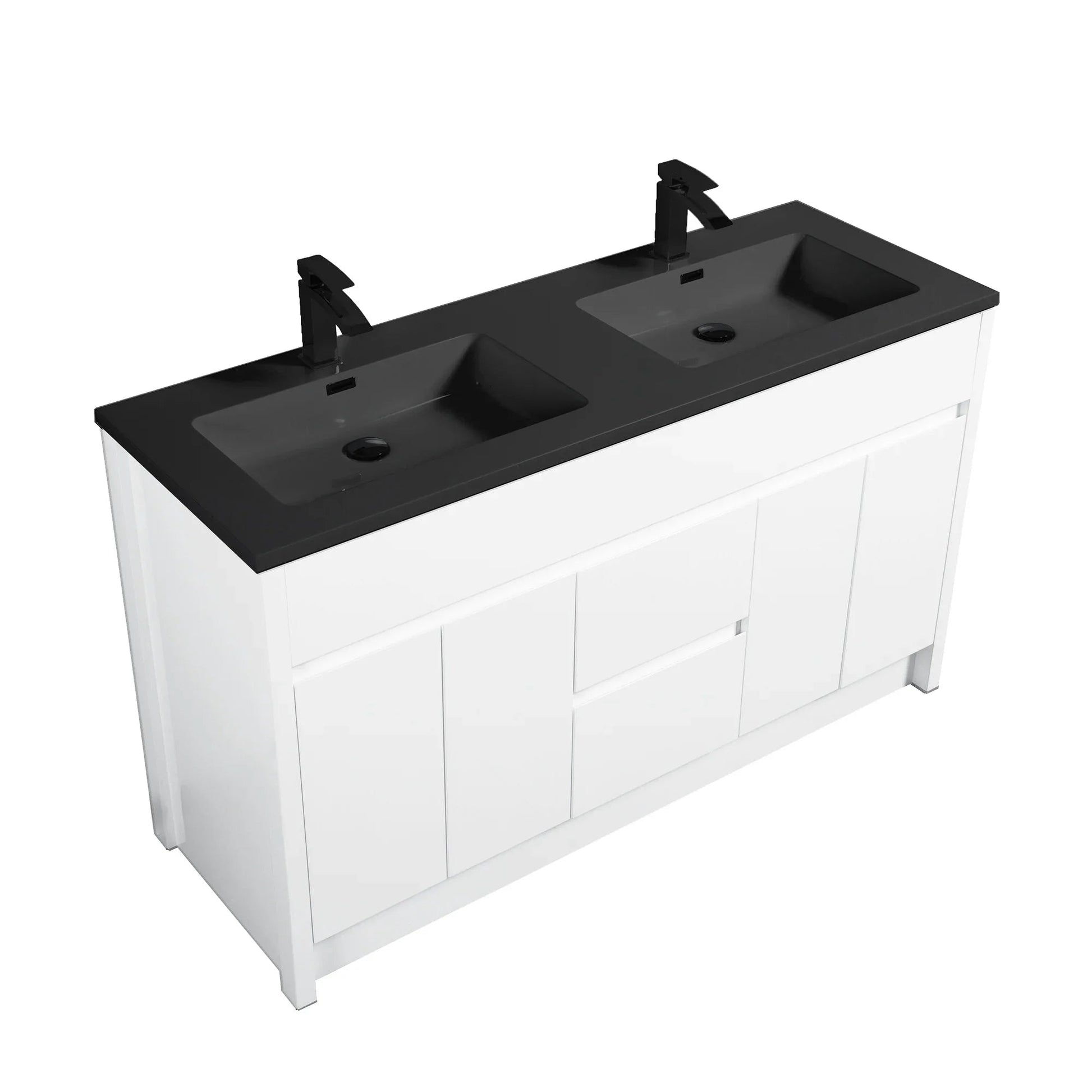 60" Matte White Freestanding Double Sink Bathroom Vanity with Black Engineered Quartz Countertop-Migration_Bathroom Vanities-DECOROLALA