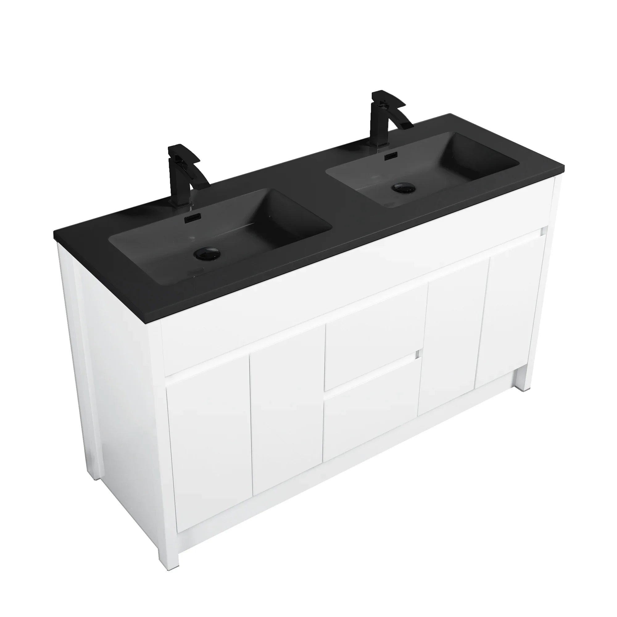 60" Matte White Freestanding Double Sink Bathroom Vanity with Black Engineered Quartz Countertop-Migration_Bathroom Vanities-DECOROLALA