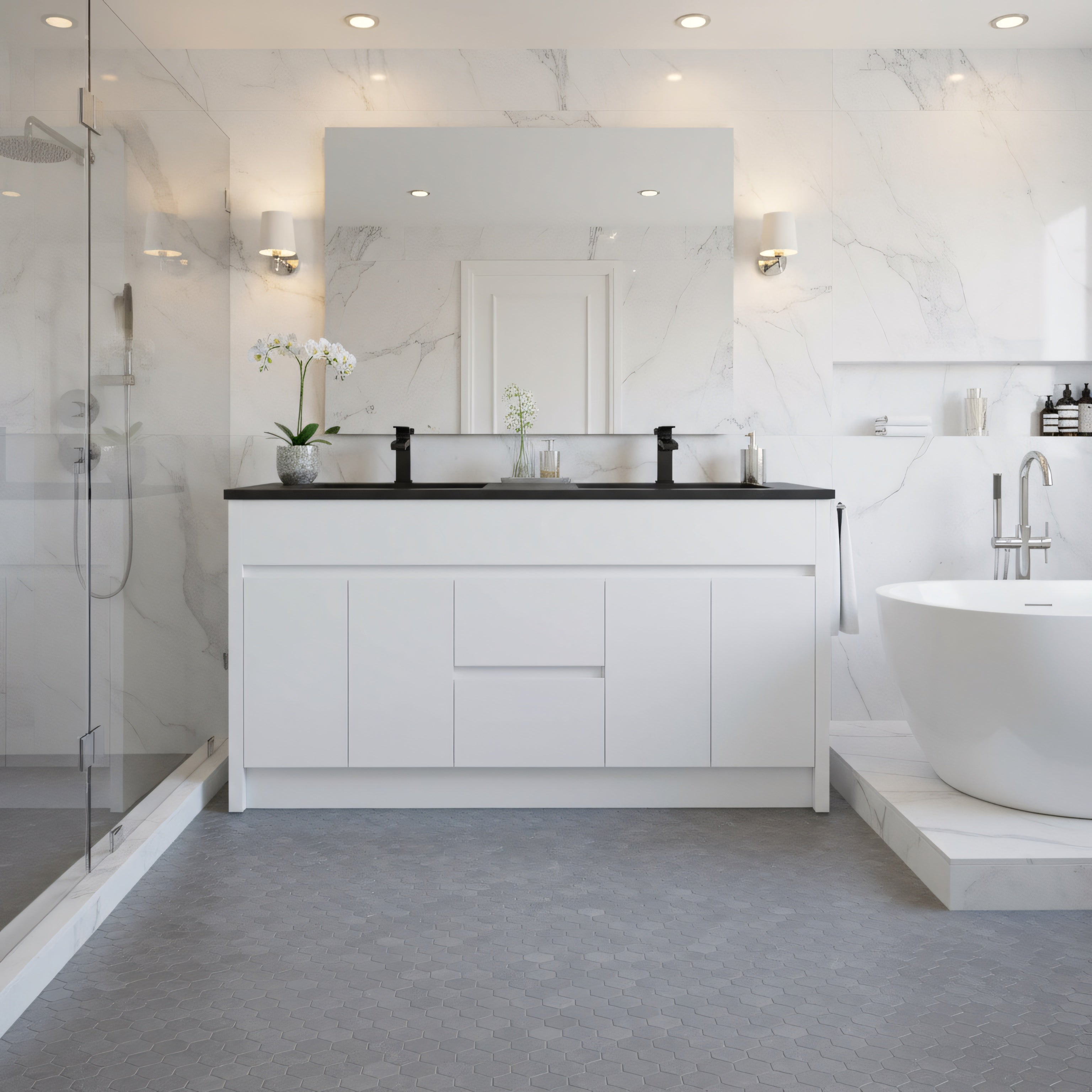 60" Matte White Freestanding Double Sink Bathroom Vanity with Black Engineered Quartz Countertop-Migration_Bathroom Vanities-DECOROLALA