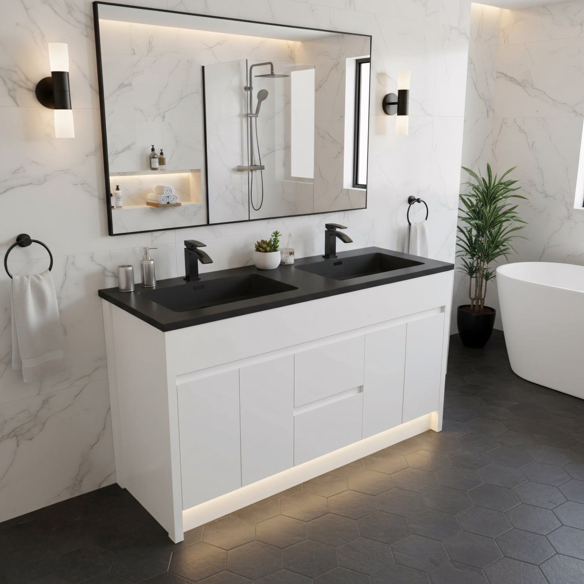 60" Matte White Freestanding Double Sink Bathroom Vanity with Black Engineered Quartz Countertop-Migration_Bathroom Vanities-DECOROLALA