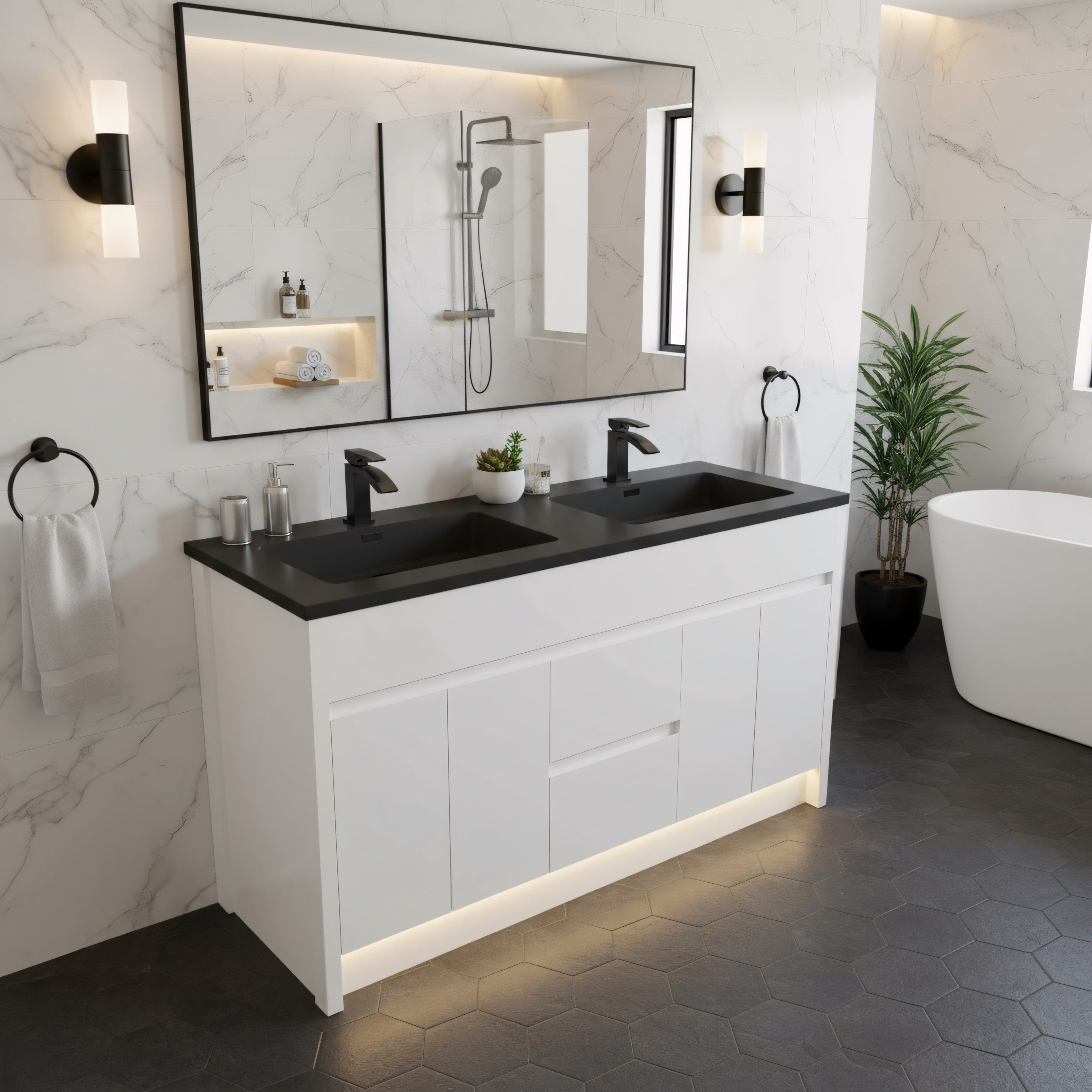 60" Matte White Freestanding Double Sink Bathroom Vanity with Black Engineered Quartz Countertop-Migration_Bathroom Vanities-DECOROLALA