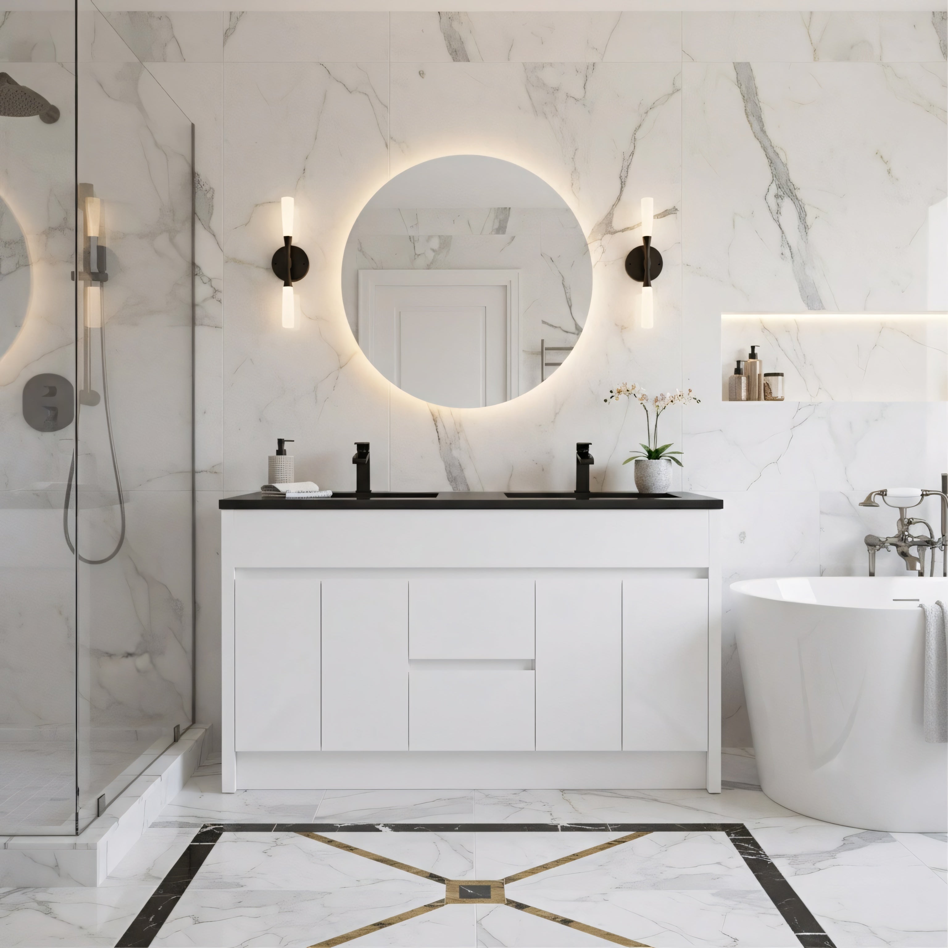 60" Matte White Freestanding Double Sink Bathroom Vanity with Black Engineered Quartz Countertop-Migration_Bathroom Vanities-DECOROLALA