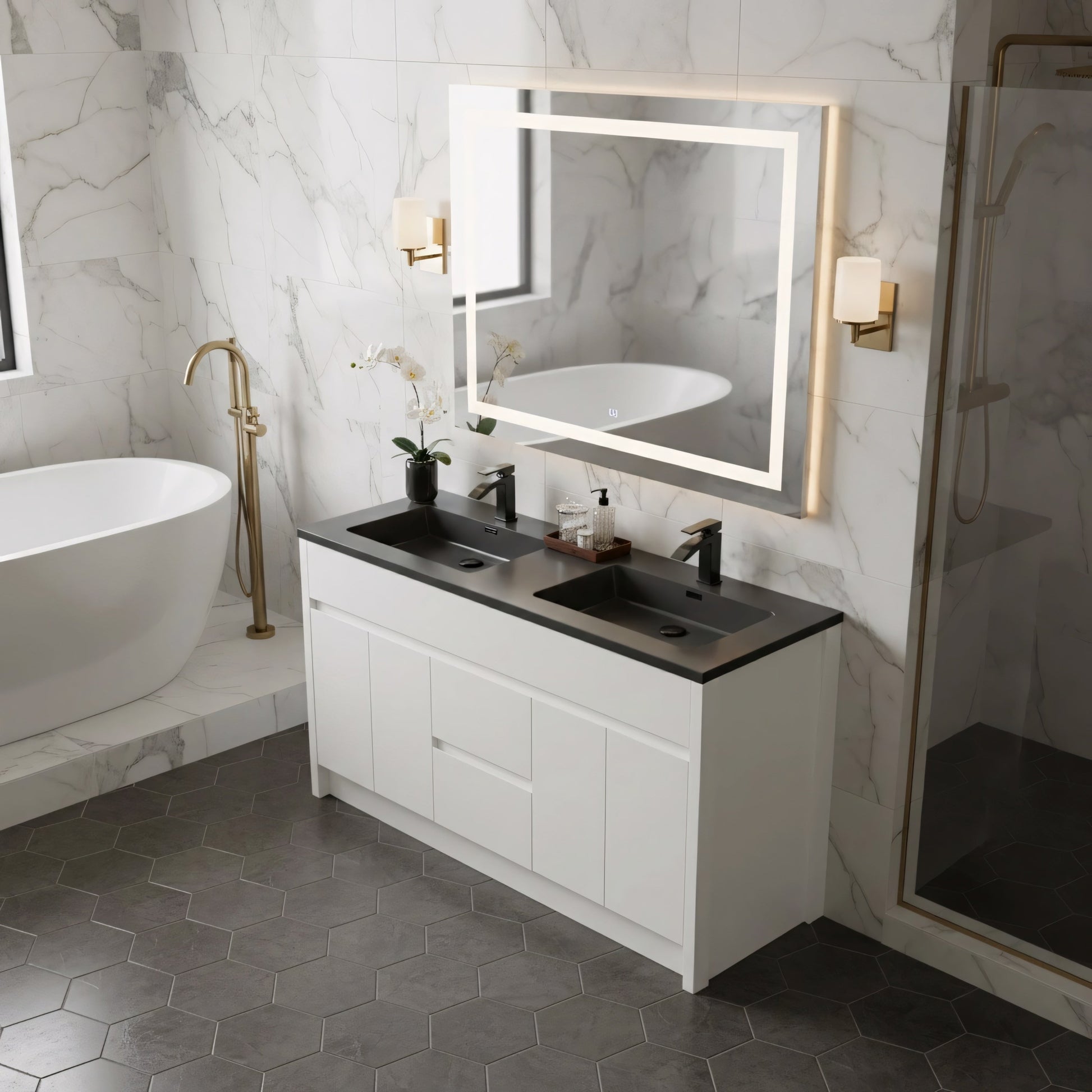 60" Matte White Freestanding Double Sink Bathroom Vanity with Black Engineered Quartz Countertop-Migration_Bathroom Vanities-DECOROLALA