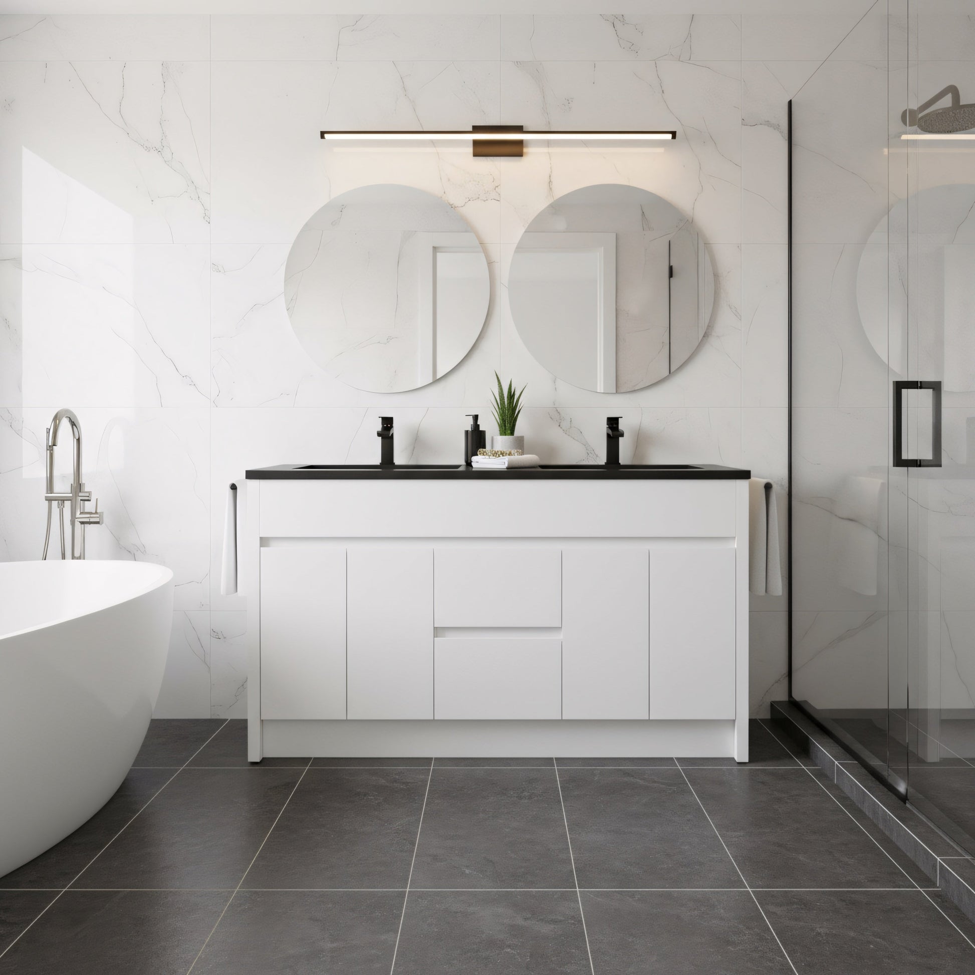 60" Matte White Freestanding Double Sink Bathroom Vanity with Black Engineered Quartz Countertop-Migration_Bathroom Vanities-DECOROLALA