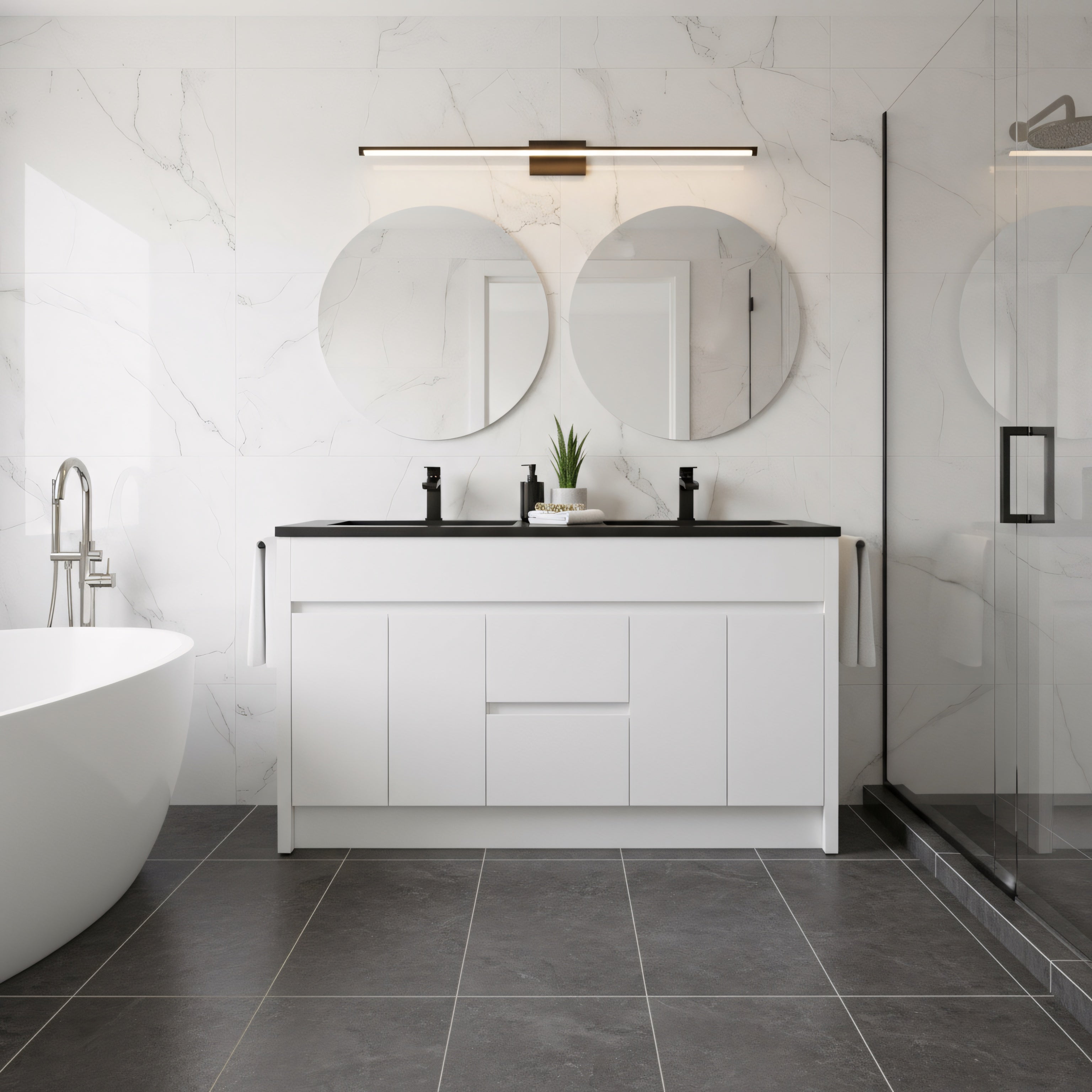 60" Matte White Freestanding Double Sink Bathroom Vanity with Black Engineered Quartz Countertop-Migration_Bathroom Vanities-DECOROLALA