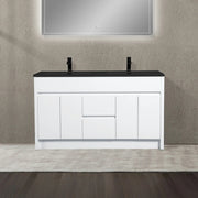 60" Matte White Freestanding Double Sink Bathroom Vanity with Black Engineered Quartz Countertop-Migration_Bathroom Vanities-DECOROLALA