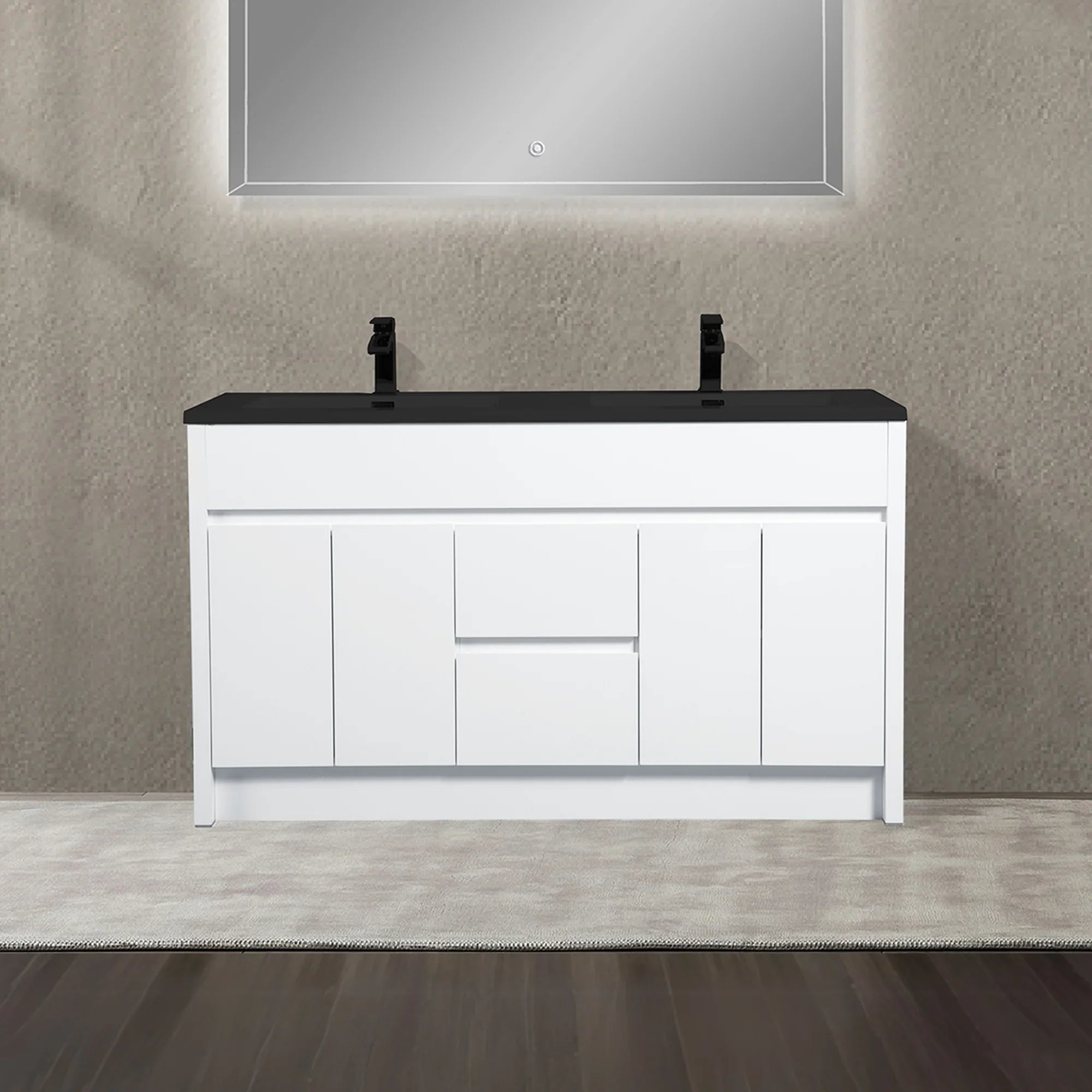 60" Matte White Freestanding Double Sink Bathroom Vanity with Black Engineered Quartz Countertop-Migration_Bathroom Vanities-DECOROLALA