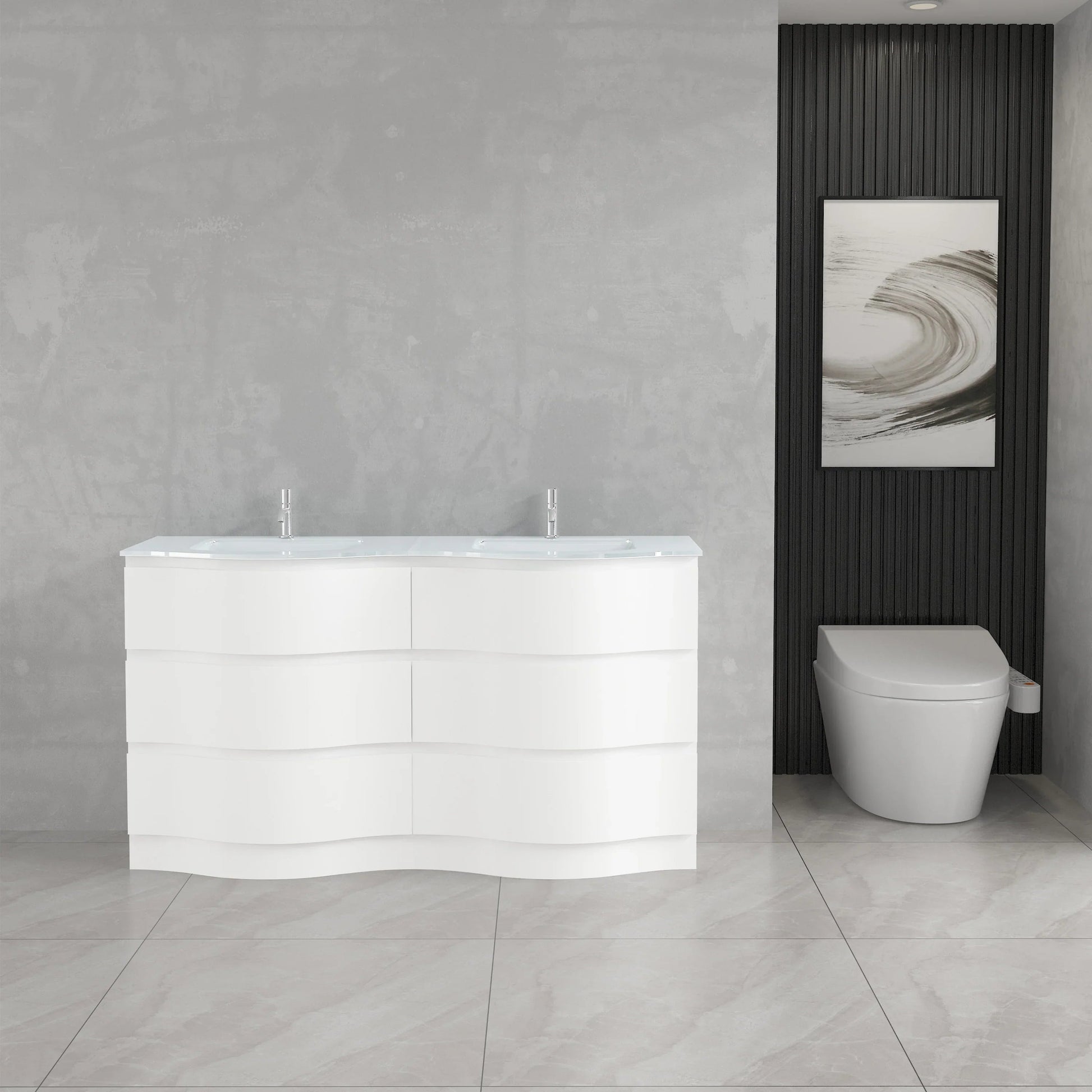 60" Matte White Freestanding Double Sink Bathroom Vanity with White Glass Countertop-Migration_Bathroom Vanities-DECOROLALA