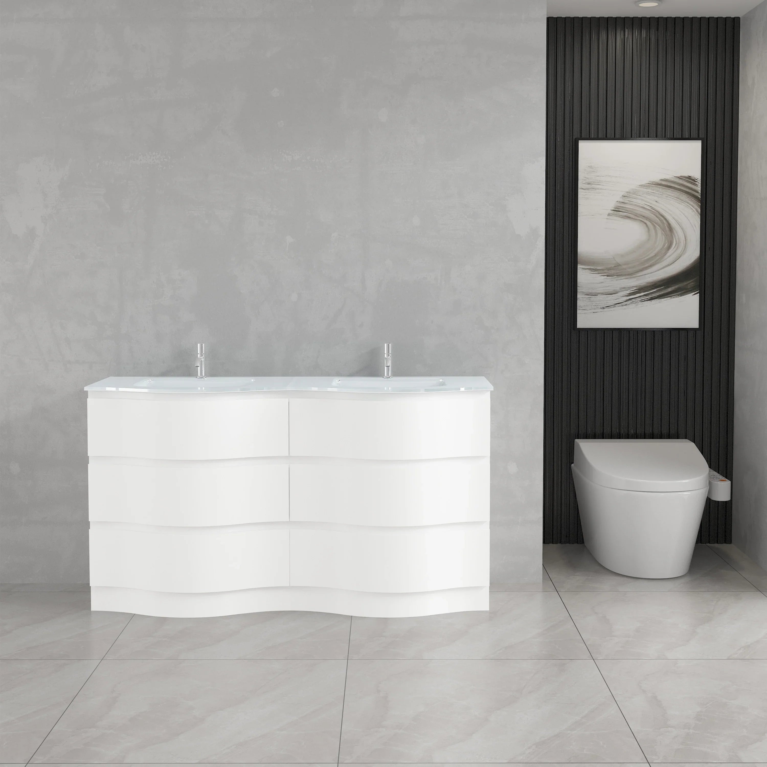 60" Matte White Freestanding Double Sink Bathroom Vanity with White Glass Countertop-Migration_Bathroom Vanities-DECOROLALA