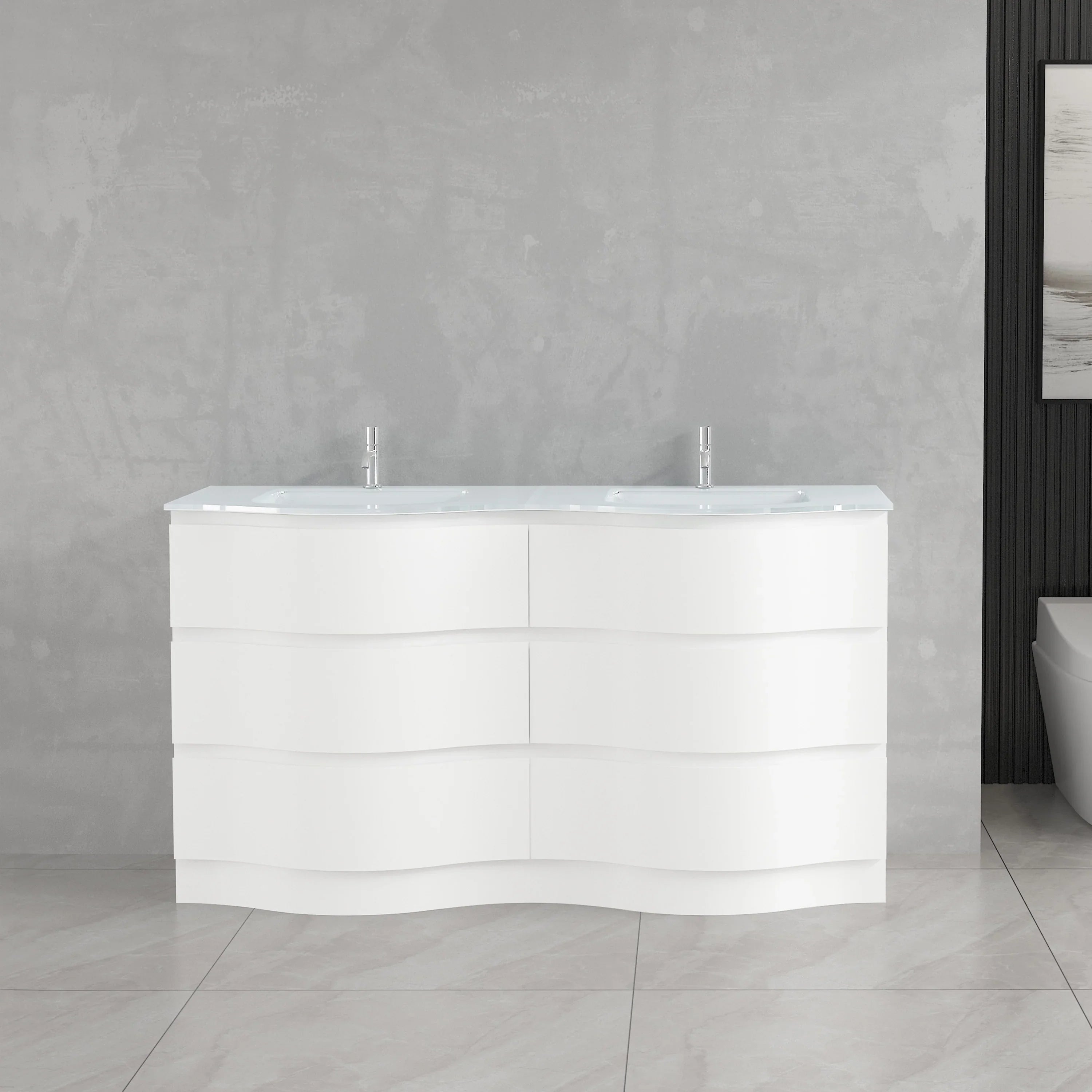 60" Matte White Freestanding Double Sink Bathroom Vanity with White Glass Countertop-Migration_Bathroom Vanities-DECOROLALA