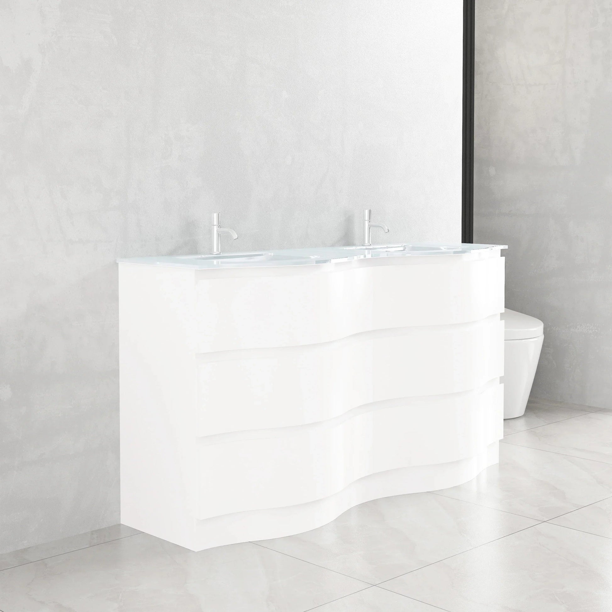 60" Matte White Freestanding Double Sink Bathroom Vanity with White Glass Countertop-Migration_Bathroom Vanities-DECOROLALA