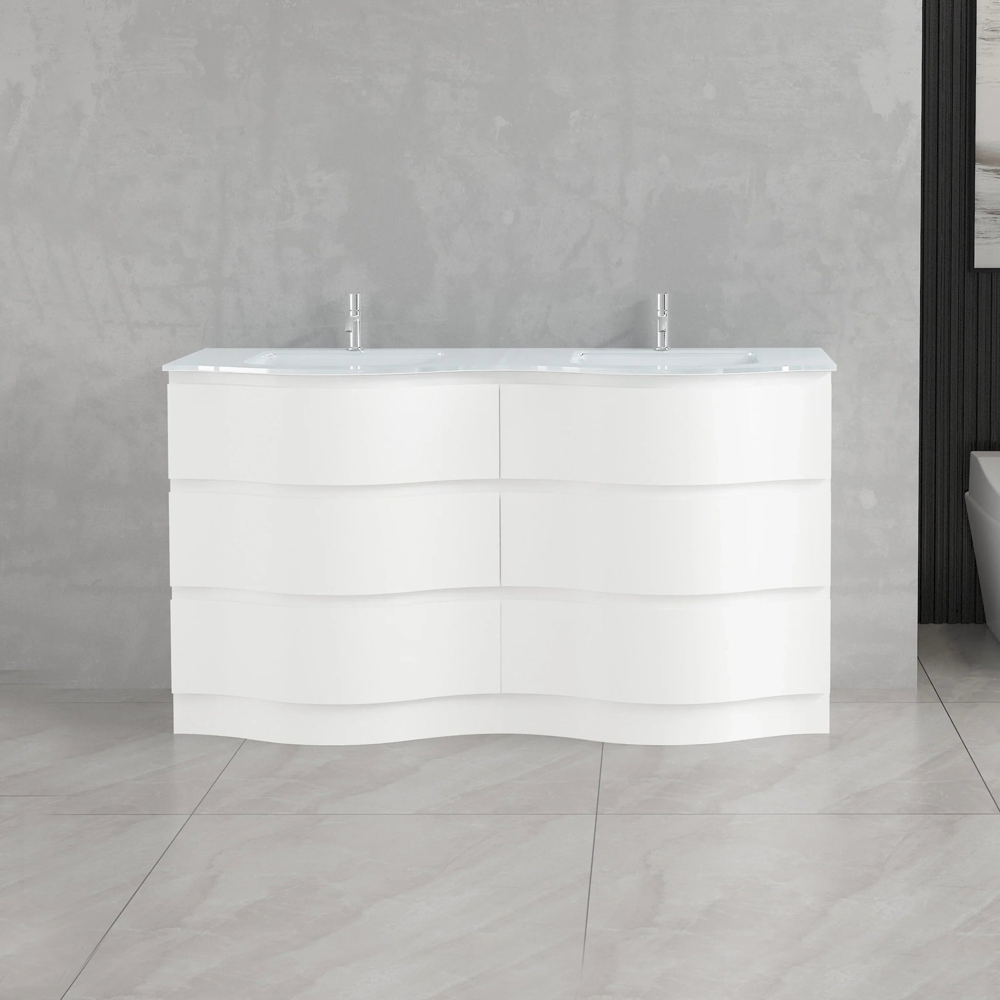 60" Matte White Freestanding Double Sink Bathroom Vanity with White Glass Countertop-Migration_Bathroom Vanities-DECOROLALA
