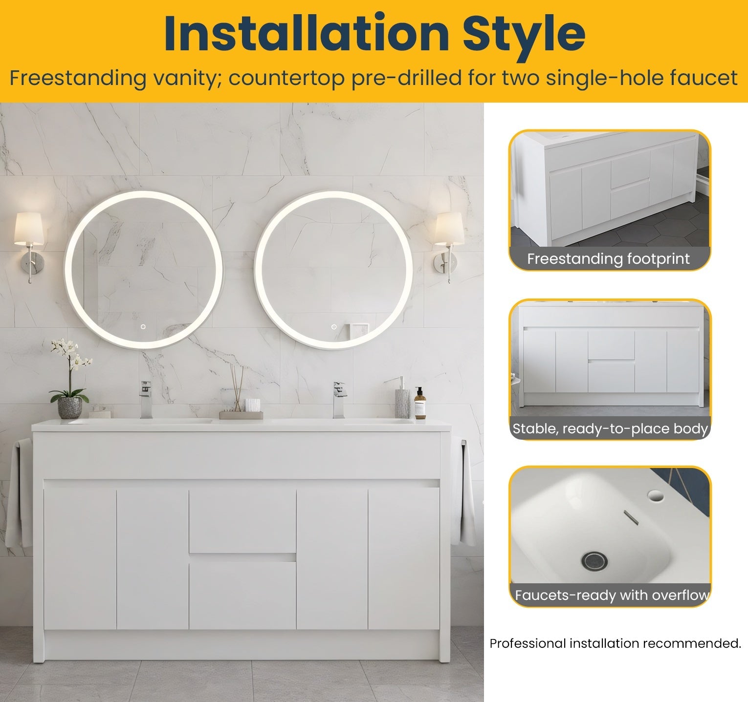 60" Matte White Freestanding Double Sink Bathroom Vanity with White Polymarble Countertop-Migration_Bathroom Vanities-DECOROLALA