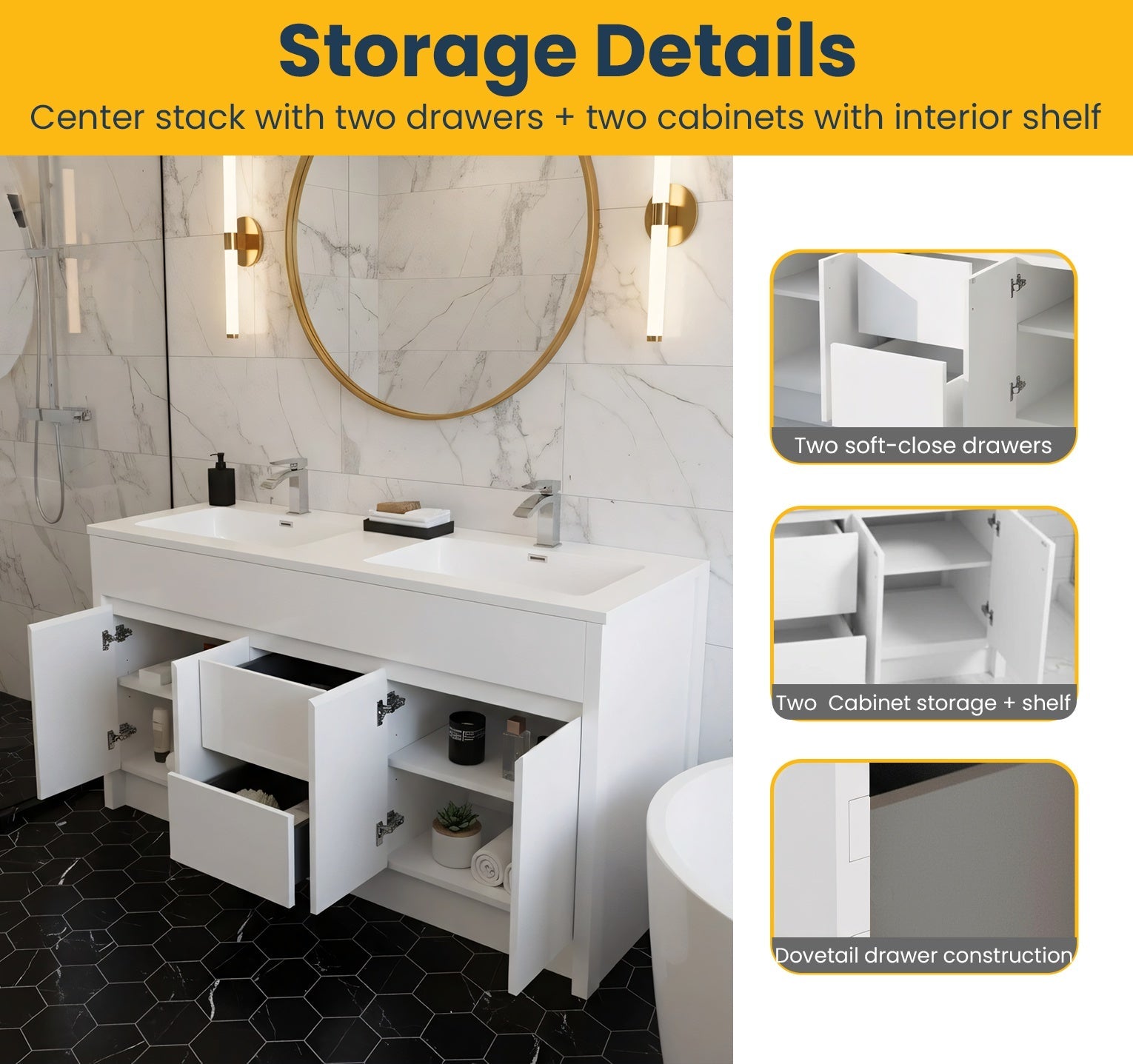 60" Matte White Freestanding Double Sink Bathroom Vanity with White Polymarble Countertop-Migration_Bathroom Vanities-DECOROLALA