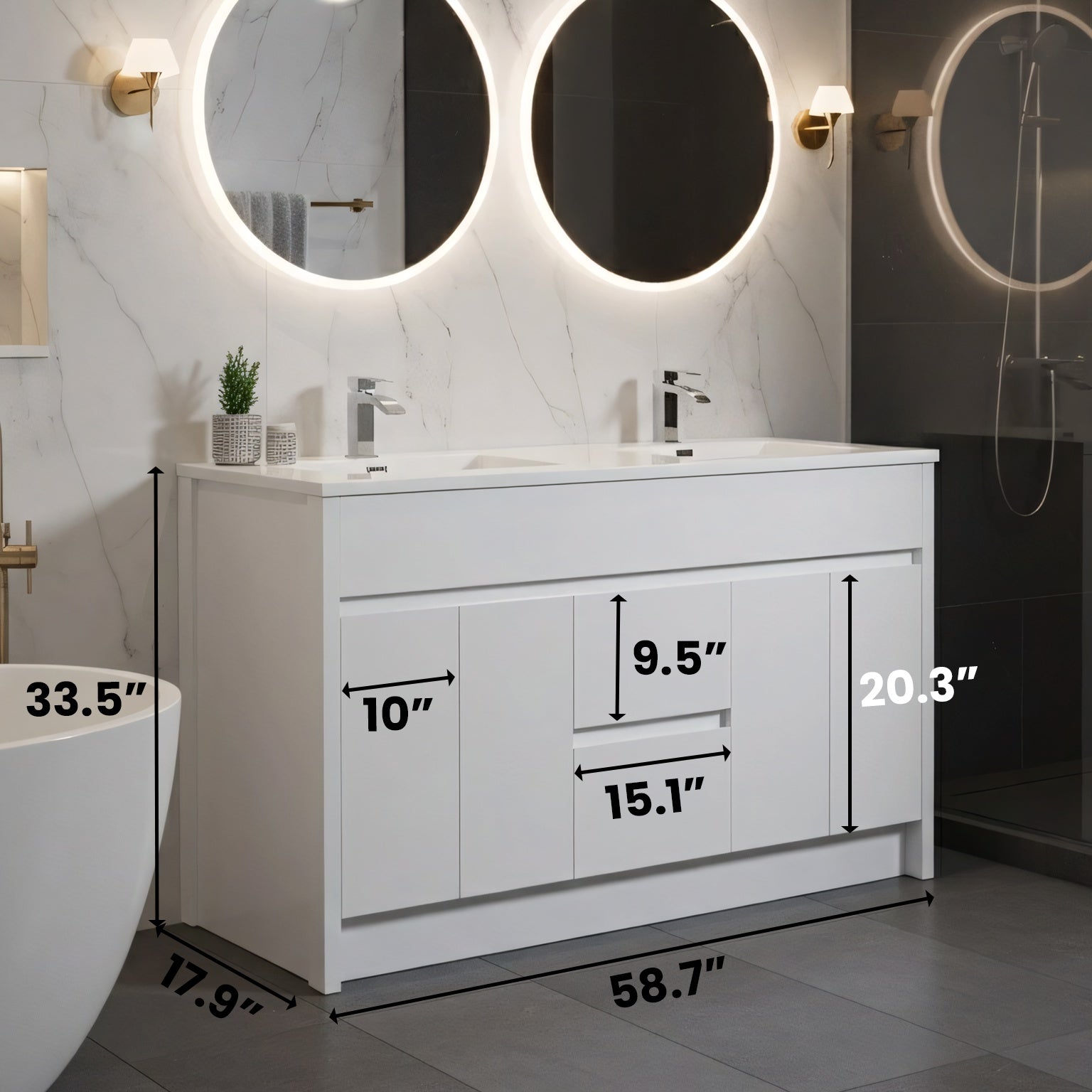 60" Matte White Freestanding Double Sink Bathroom Vanity with White Polymarble Countertop-Migration_Bathroom Vanities-DECOROLALA