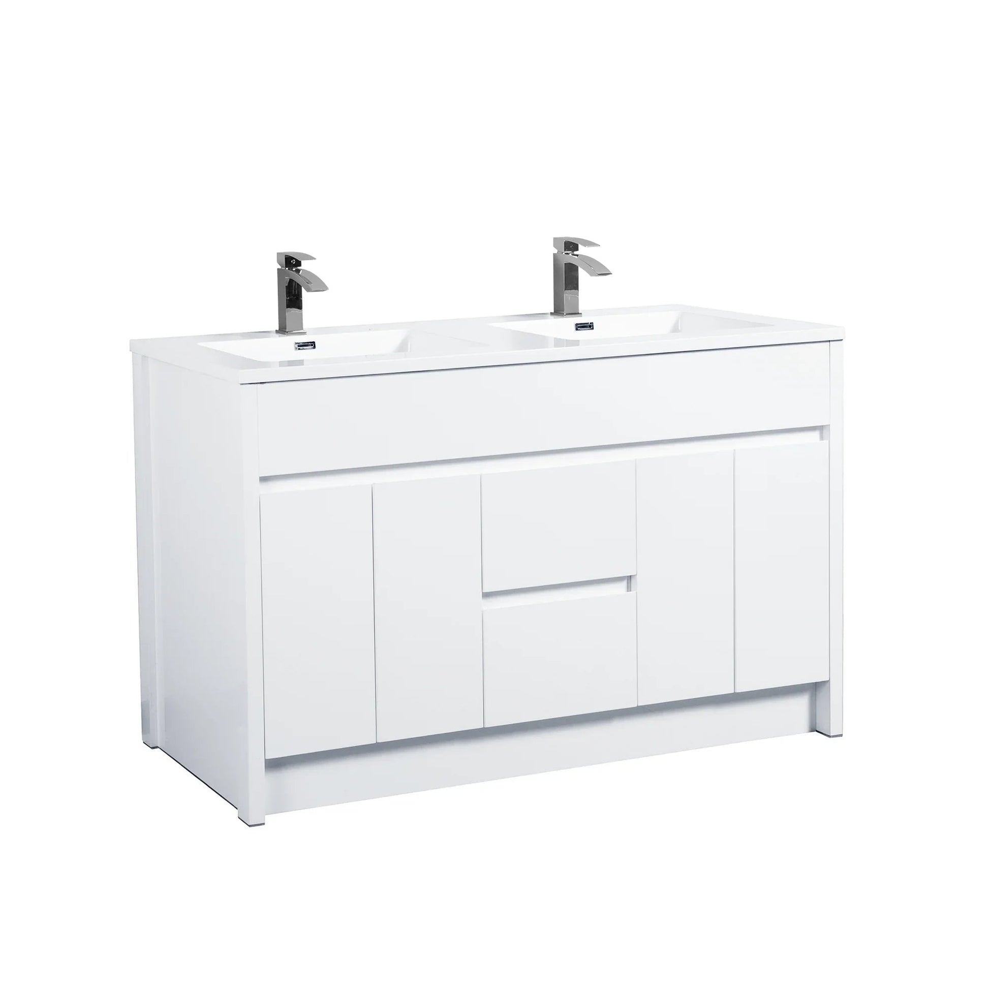 60" Matte White Freestanding Double Sink Bathroom Vanity with White Polymarble Countertop-Migration_Bathroom Vanities-DECOROLALA
