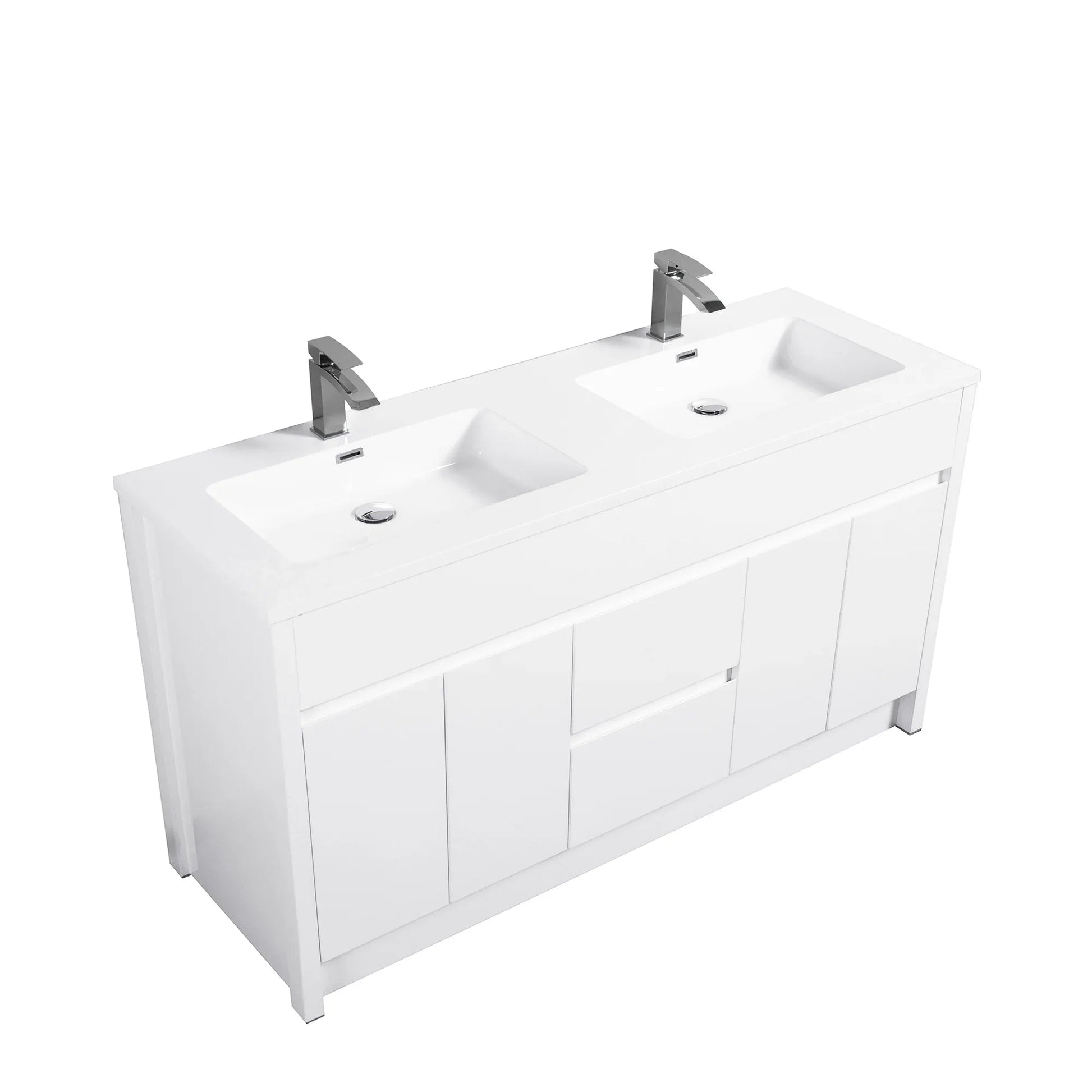 60" Matte White Freestanding Double Sink Bathroom Vanity with White Polymarble Countertop-Migration_Bathroom Vanities-DECOROLALA