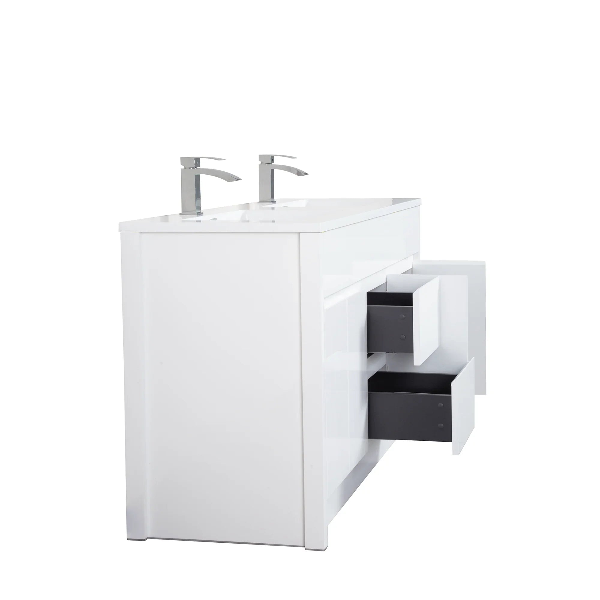 60" Matte White Freestanding Double Sink Bathroom Vanity with White Polymarble Countertop-Migration_Bathroom Vanities-DECOROLALA