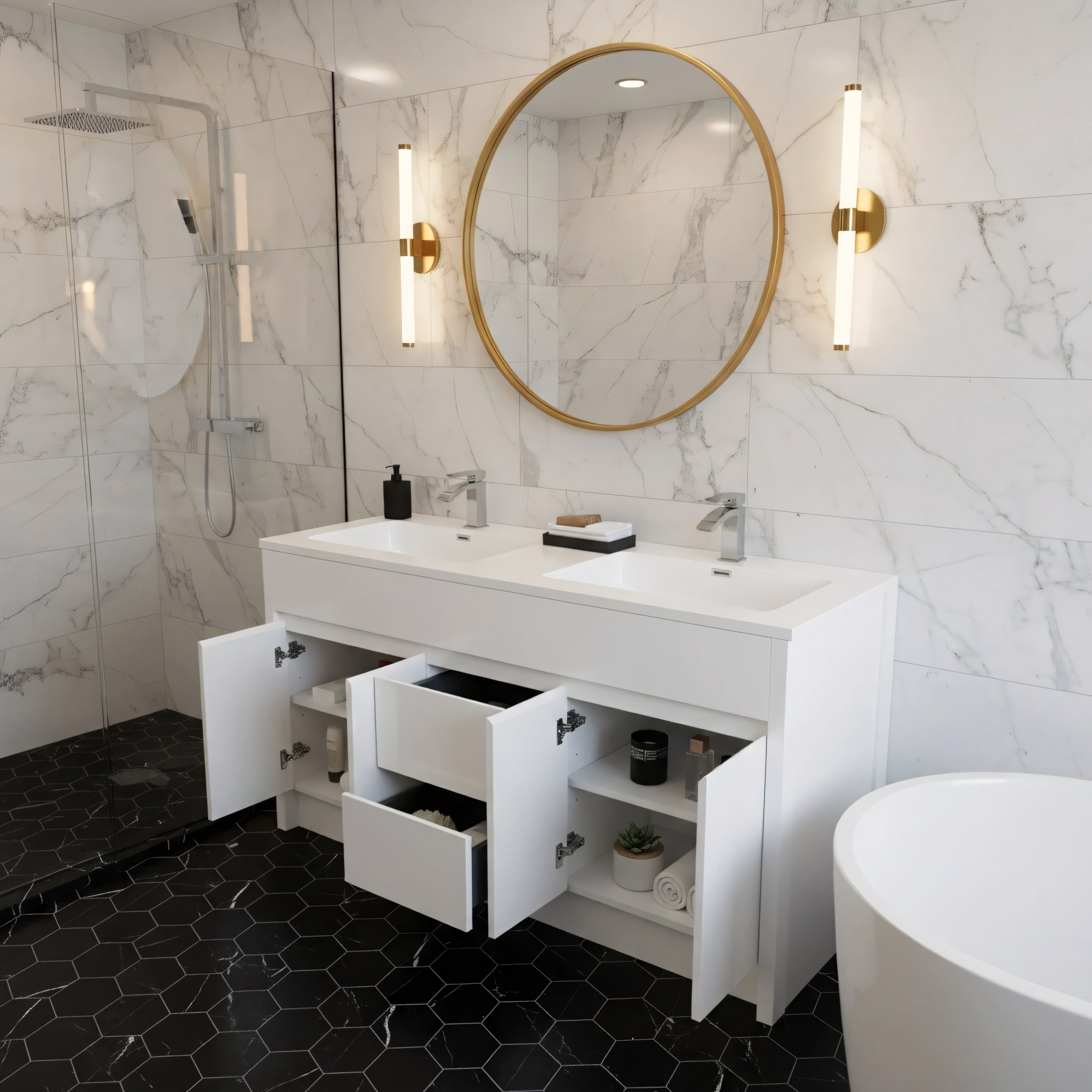 60" Matte White Freestanding Double Sink Bathroom Vanity with White Polymarble Countertop-Migration_Bathroom Vanities-DECOROLALA