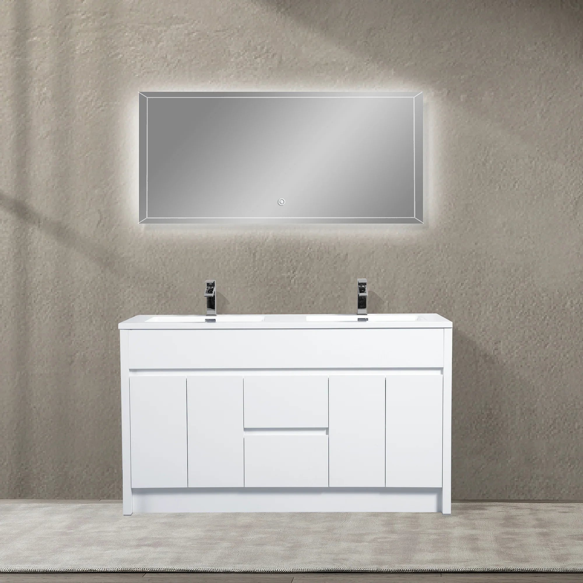 60" Matte White Freestanding Double Sink Bathroom Vanity with White Polymarble Countertop-Migration_Bathroom Vanities-DECOROLALA