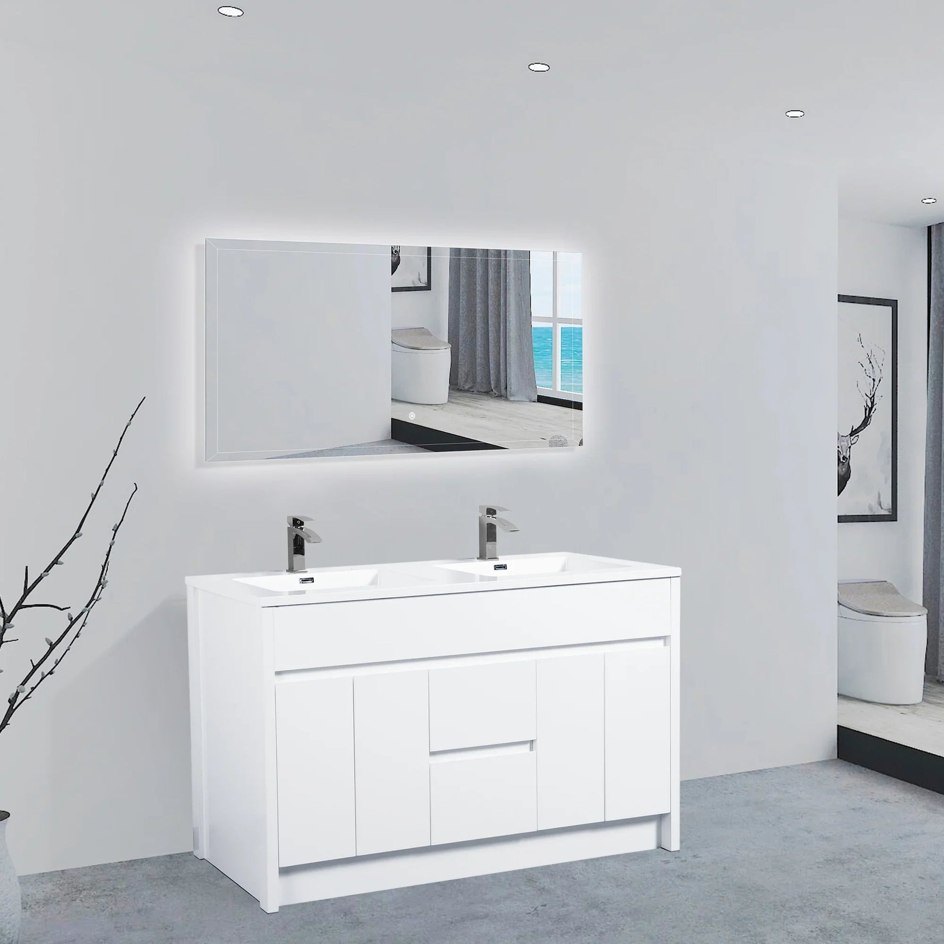 60" Matte White Freestanding Double Sink Bathroom Vanity with White Polymarble Countertop-Migration_Bathroom Vanities-DECOROLALA