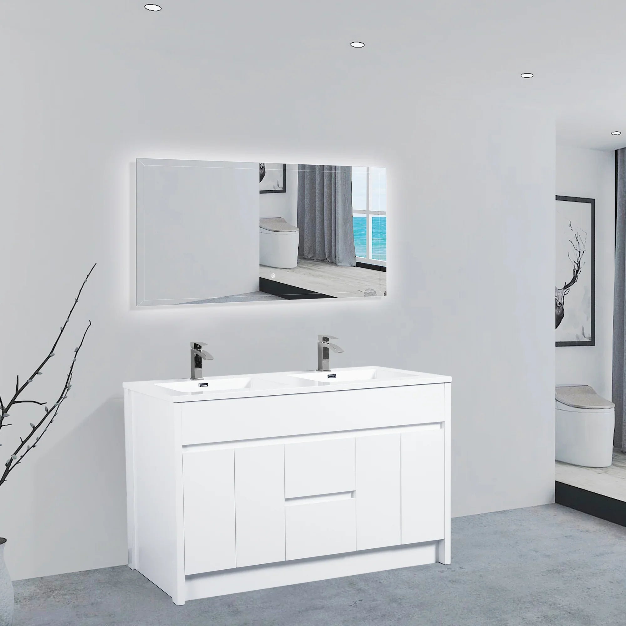 60" Matte White Freestanding Double Sink Bathroom Vanity with White Polymarble Countertop-Migration_Bathroom Vanities-DECOROLALA