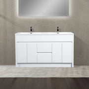 60" Matte White Freestanding Double Sink Bathroom Vanity with White Polymarble Countertop-Migration_Bathroom Vanities-DECOROLALA